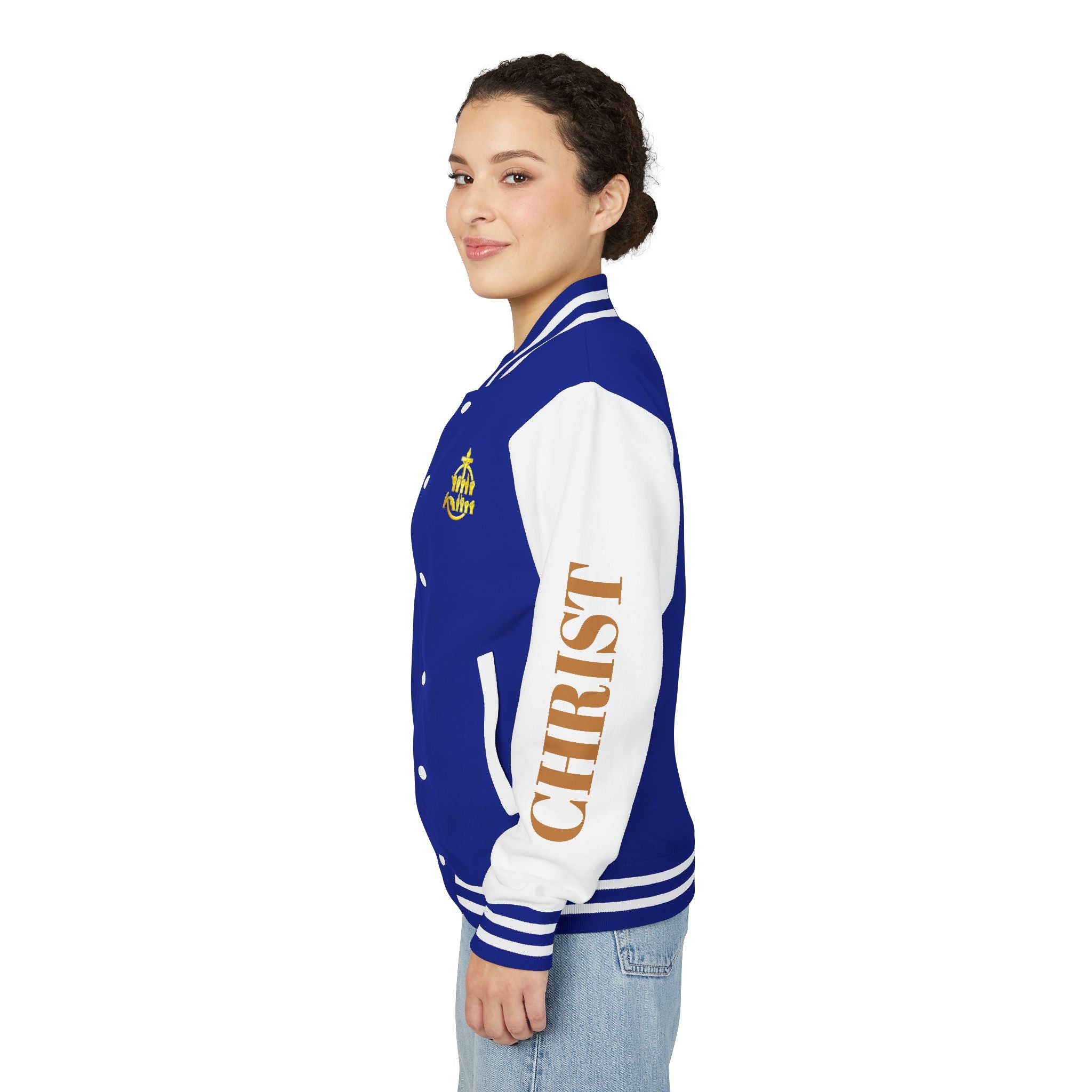 "Sign language Jesus Christ "     Christian Crown Letterman Jacket - 'Jesus Christ' Sleeve Varsity Jacket