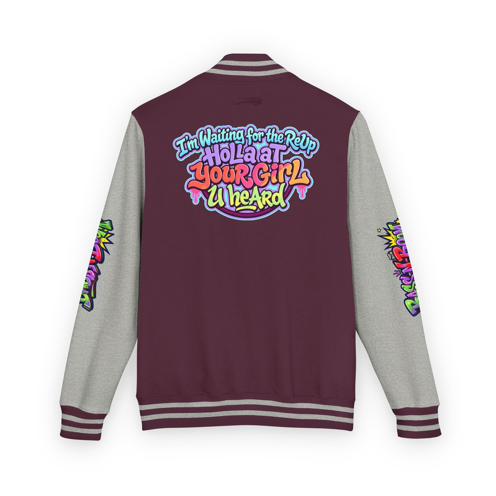 Letterman Jacket — "I'm Waiting For The Reup" Colorful Retro Hip‑Hop Varsity