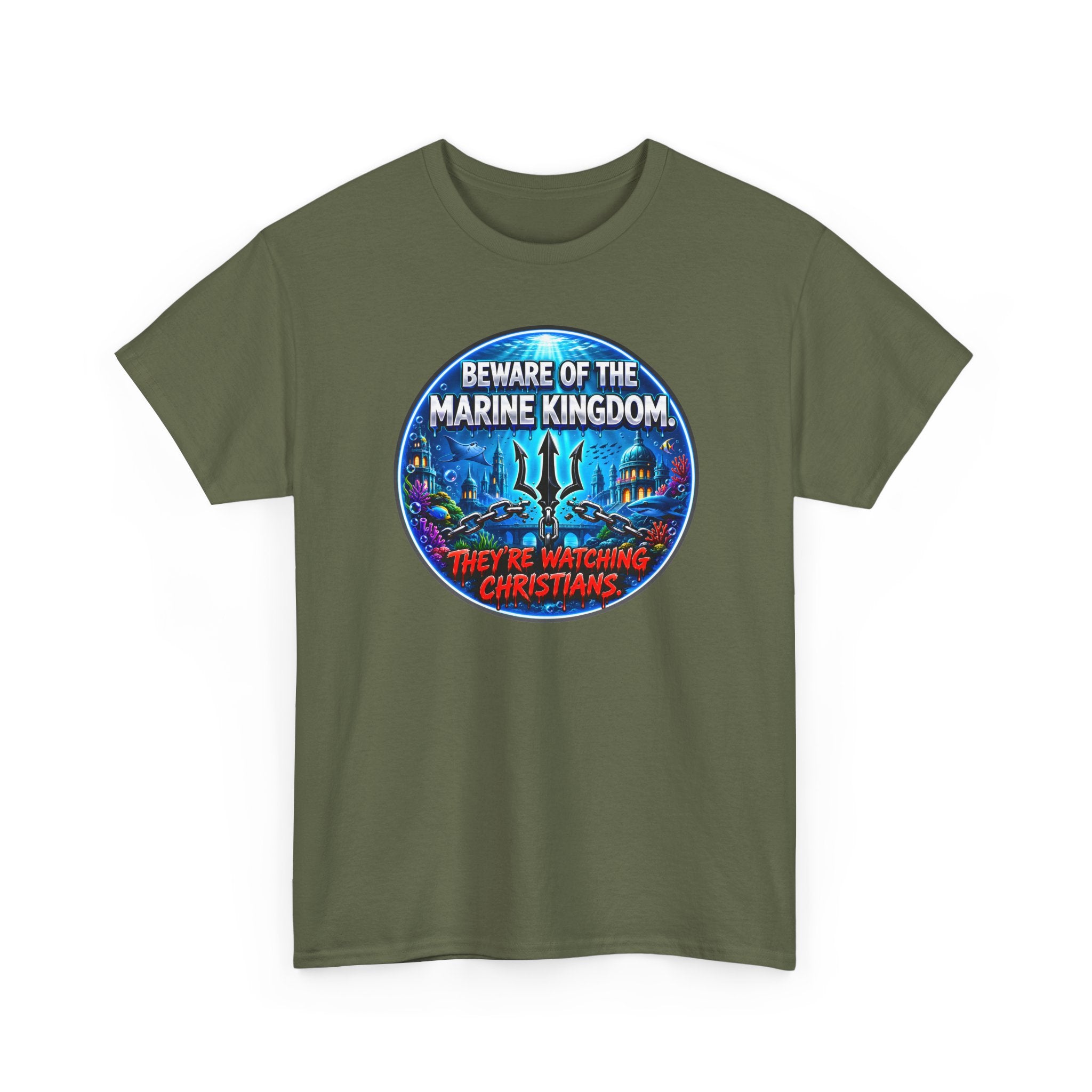 T‑Shirt — "Beware of the Marine Kingdom: They're Watching Christians" Vintage Ocean Graphic