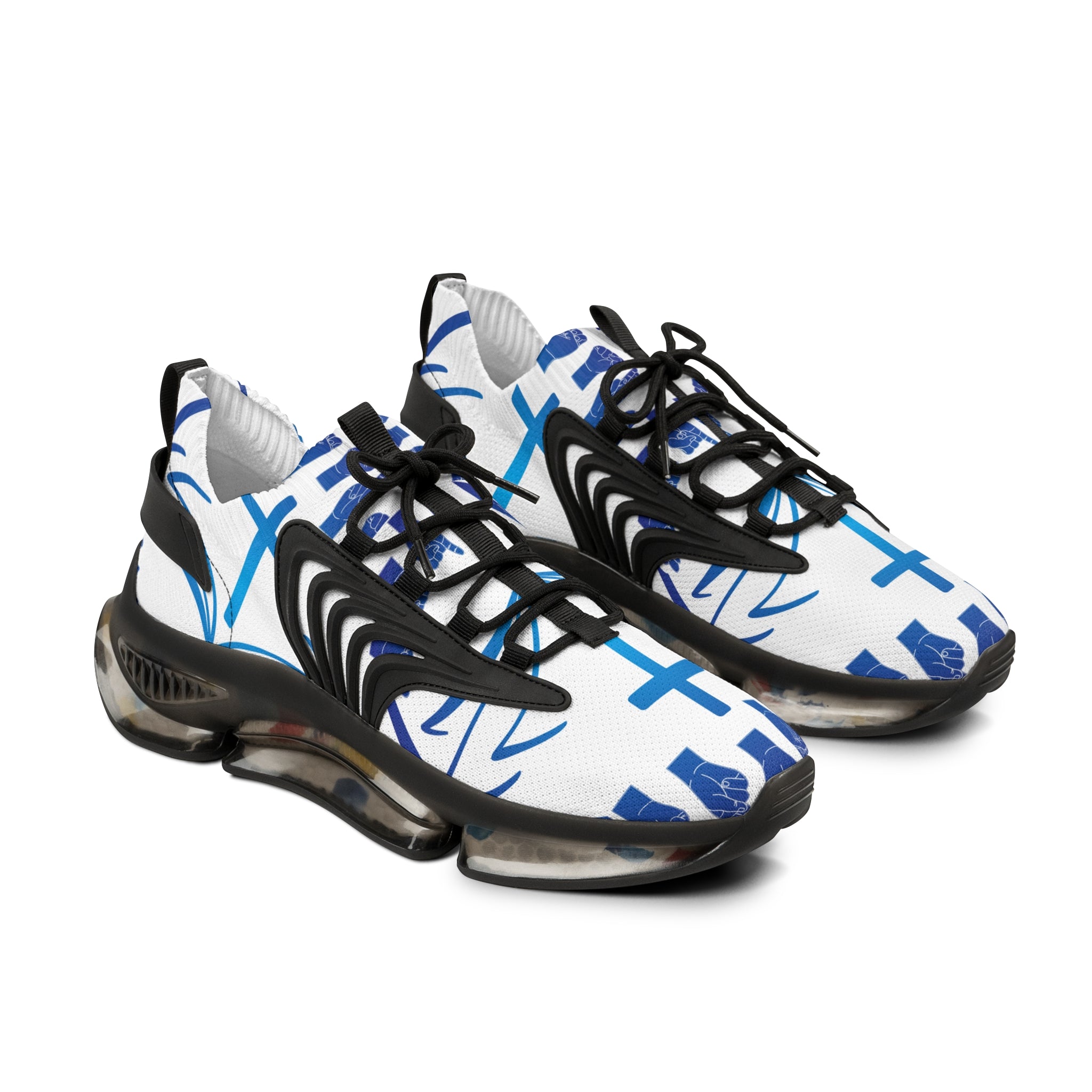 Men's White Athletic Sneakers with Blue Cross Graphic —"Sign Language Jesus Christ "Lightweight Mesh Running Shoes
