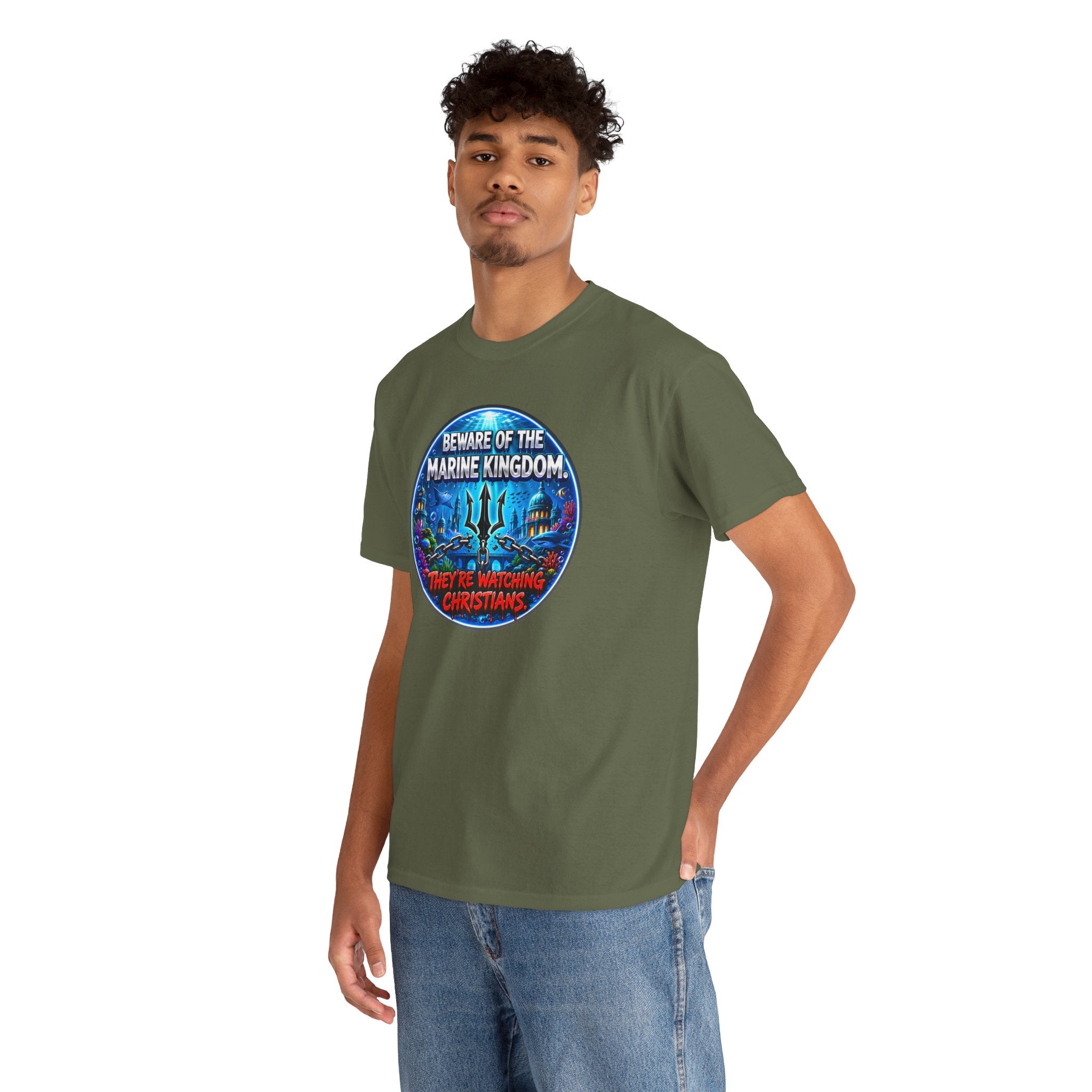 T‑Shirt — "Beware of the Marine Kingdom: They're Watching Christians" Vintage Ocean Graphic