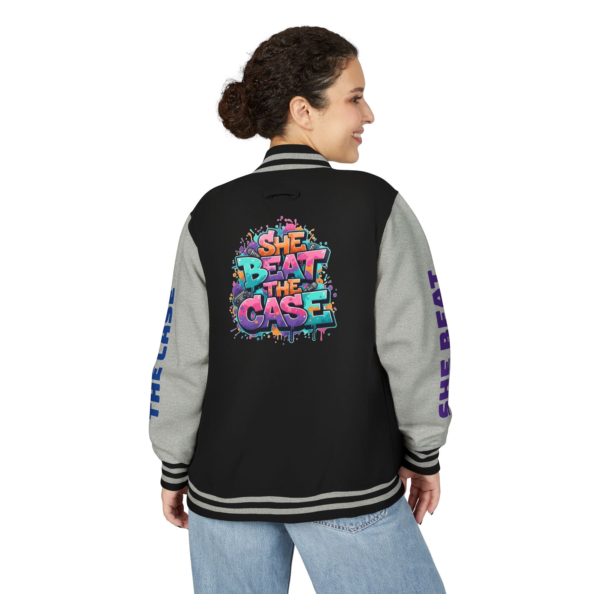 Letterman Jacket — “She Beat the Case” Colorful Graffiti Backprint