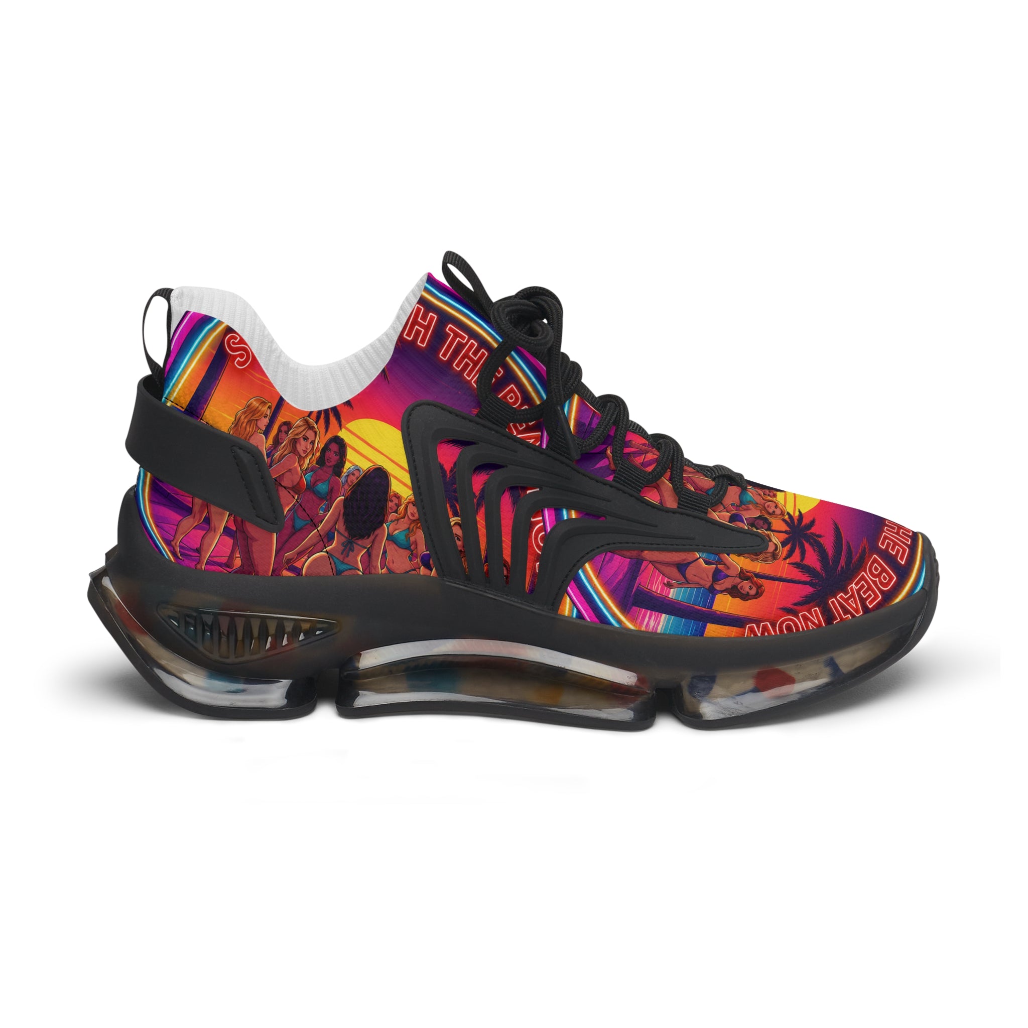 Women's Mesh Sneakers —"Slide With The Beat Now "Vibrant Retro Sunset Graphic Trainers