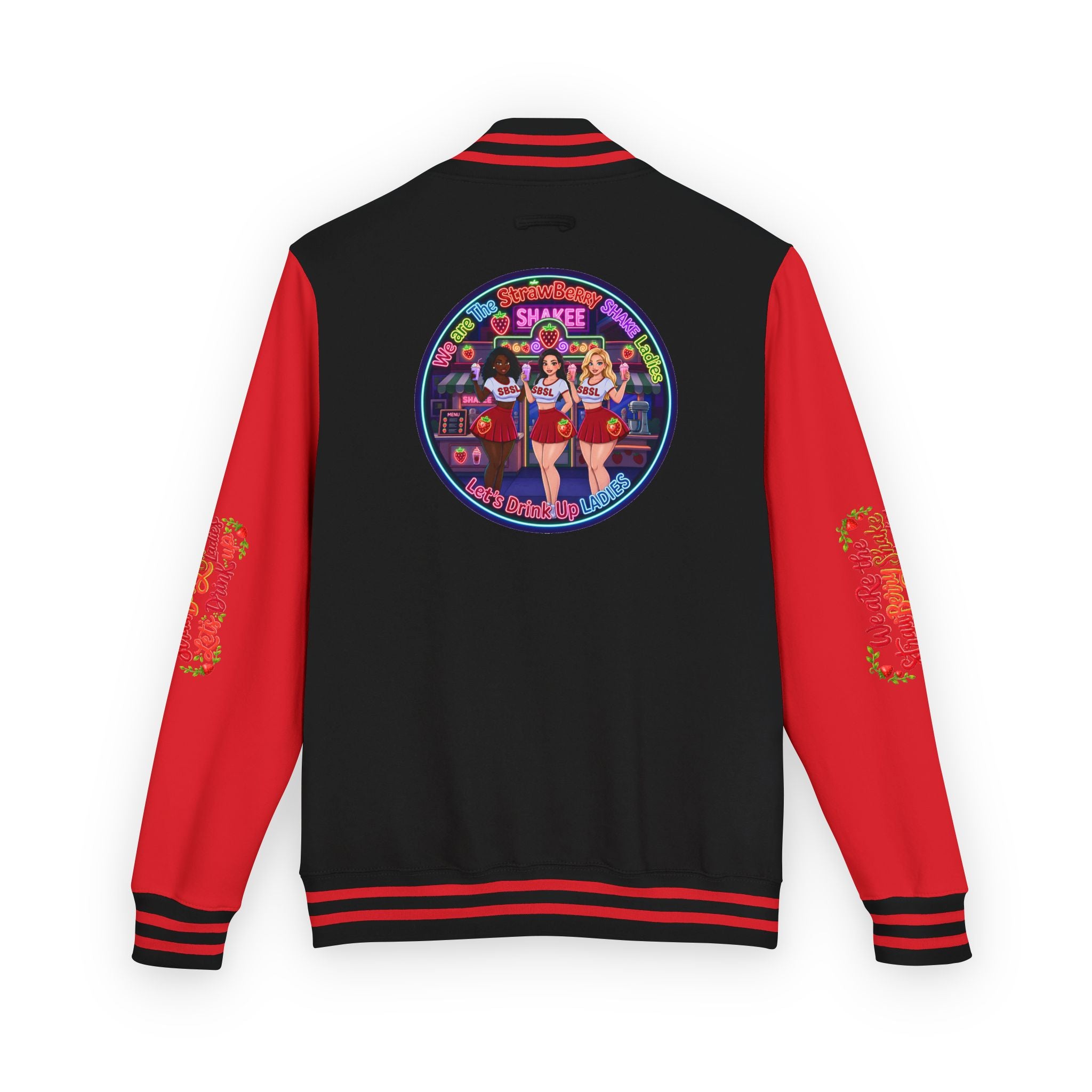 Letterman Jacket —" We Are The Strawberry Shake Ladies " Retro Shakee Cheer Graphic