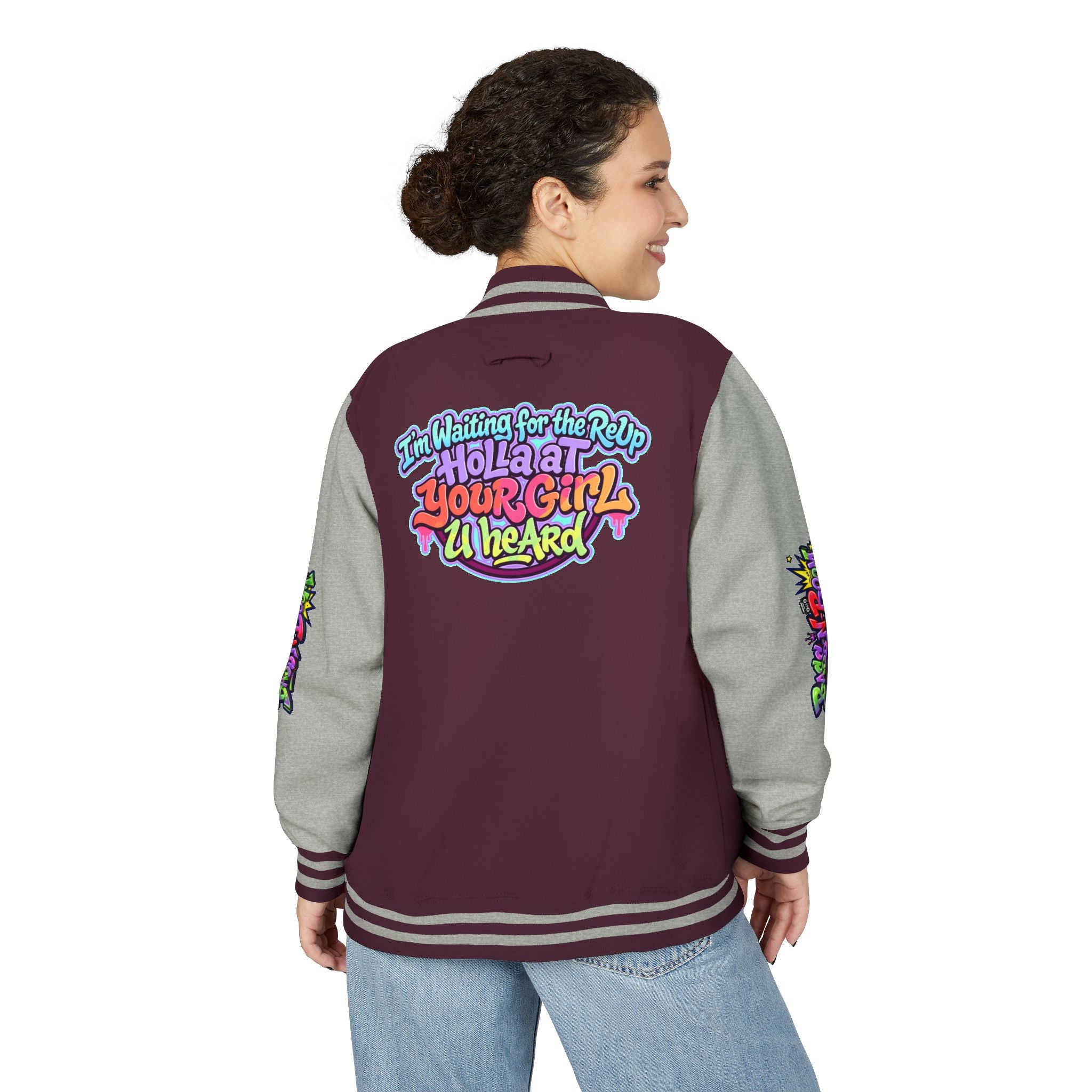 Letterman Jacket — "I'm Waiting For The Reup" Colorful Retro Hip‑Hop Varsity
