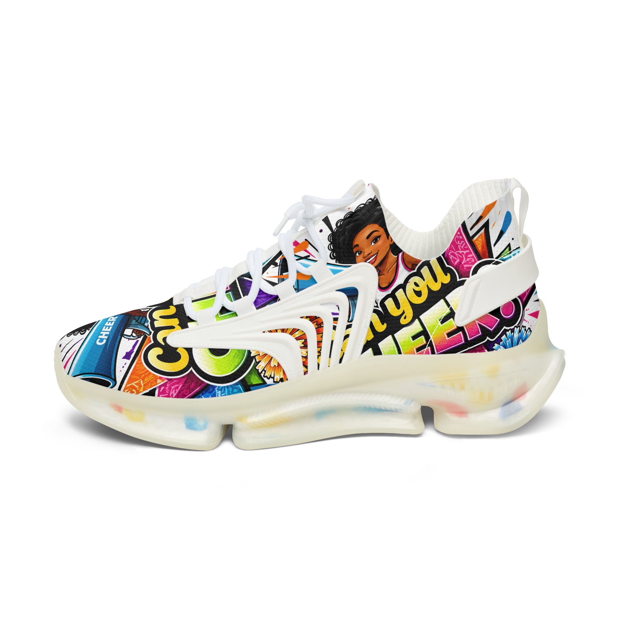 Women's Mesh Sneakers — Colorful Pop Art 'Can You Cheer?' Graphic Athletic Shoes