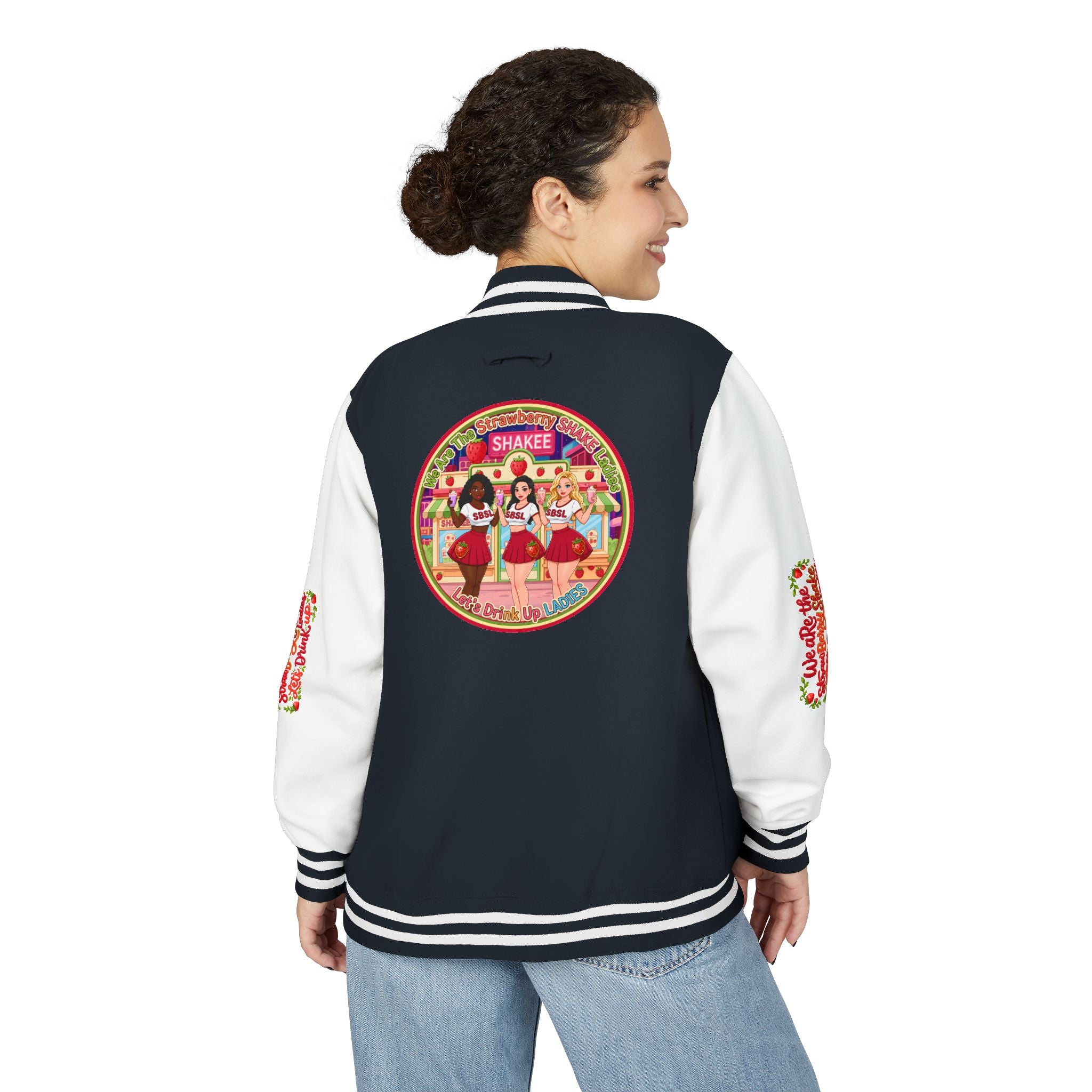 Letterman Jacket — " We Are The Strawberry Shake Ladies " Retro 'Shakee' Strawberry Girls Varsity Jacket