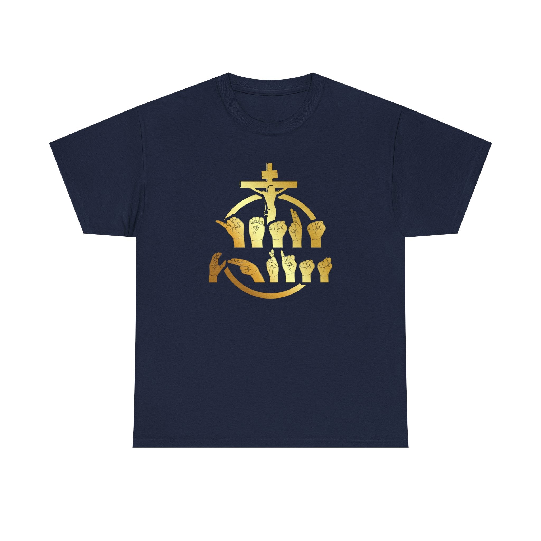 Christian Cross & Praying Hands T-Shirt — Gold Faith Design