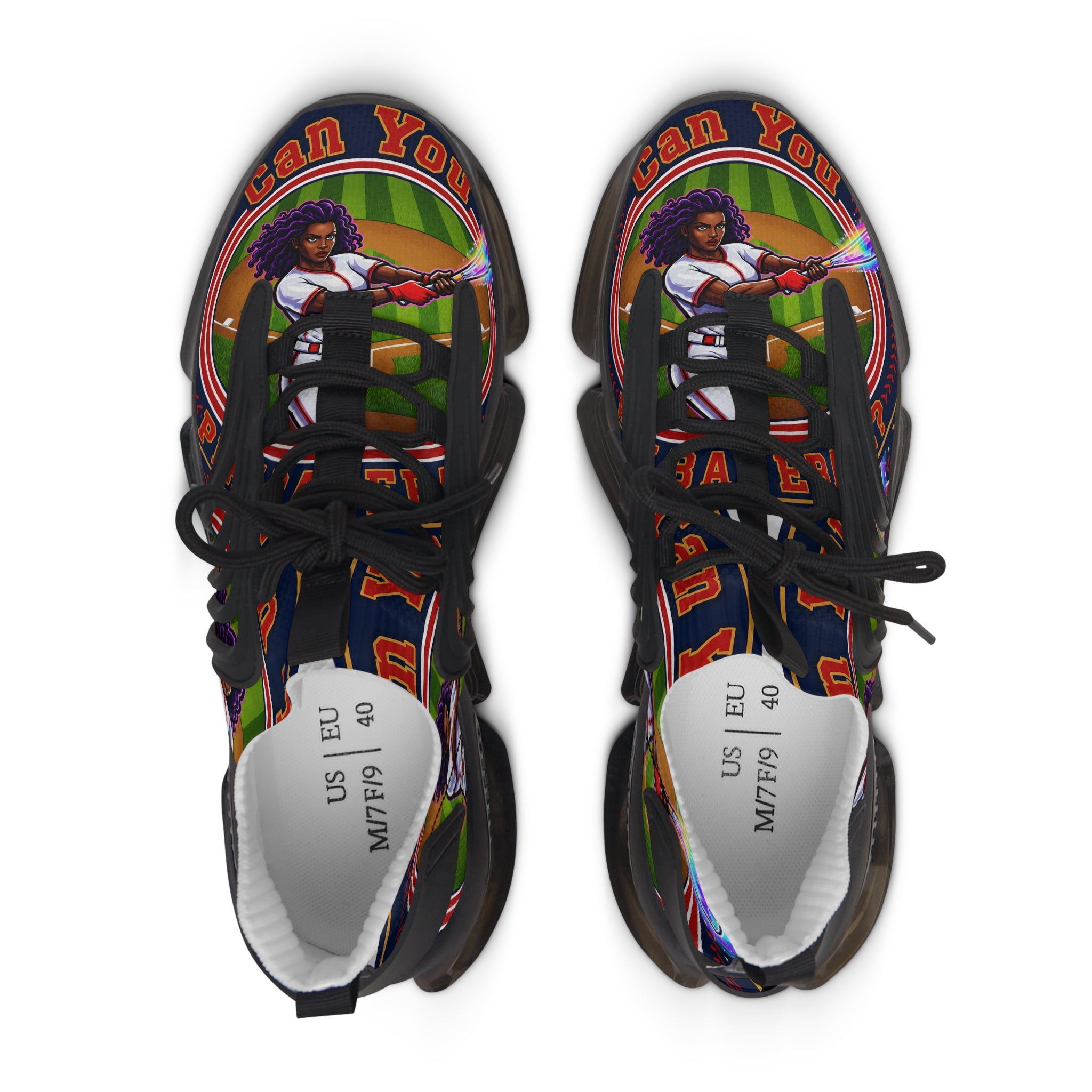 Women's Mesh Sneakers — " Can You Play Baseball "Vibrant Afrocentric Athletic Shoes with 'I Can You' Graphic