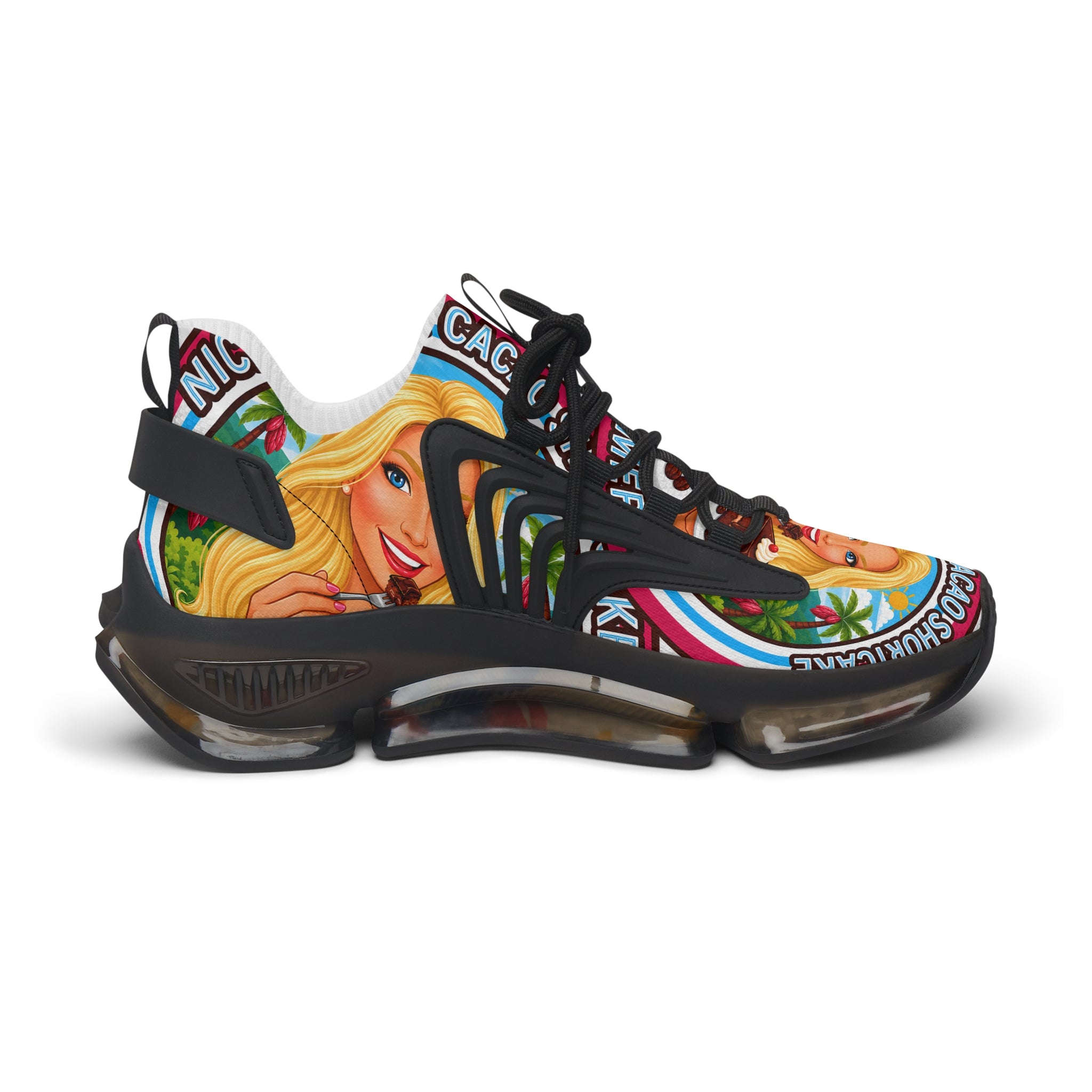 Women's Mesh Sneakers —"  Nicaragua Cacao Shortcake "Colorful Retro Barbie-Inspired Graphic Trainers