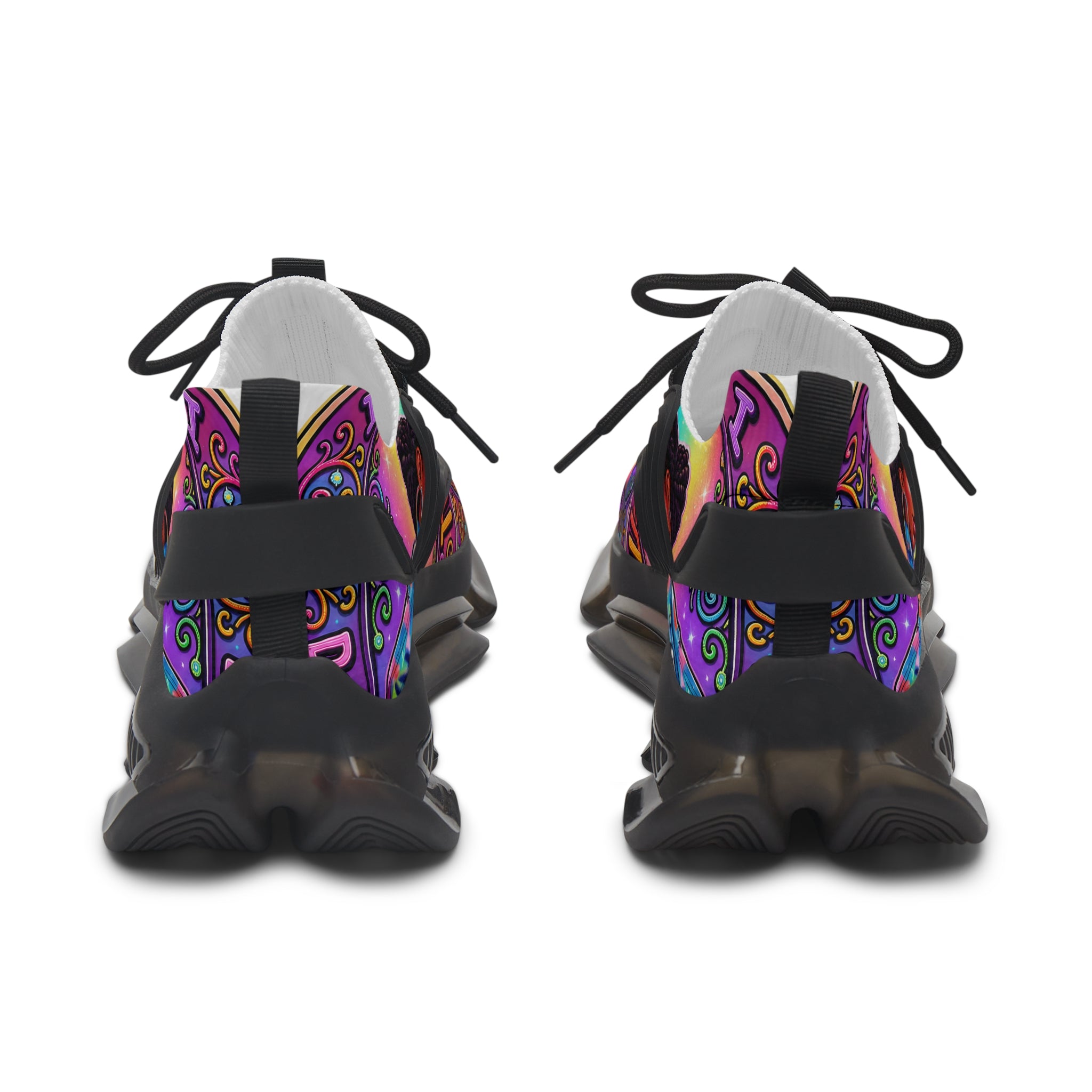 Women's Mesh Sneakers — Colorful Afrocentric Portrait Running Shoes with 'Don't Kiss' Graphic