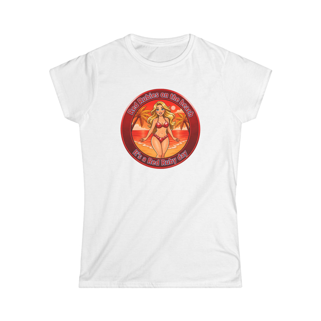 Beach Babe Graphic Tee — "Red Rubies On The Beach" Retro Bikini Design