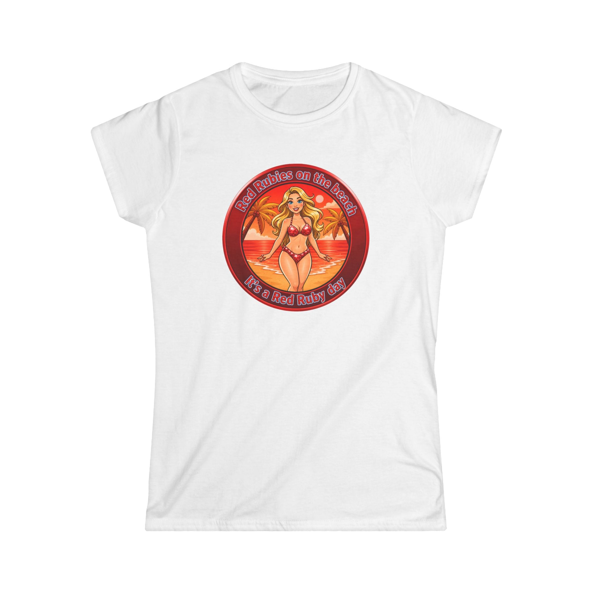 Beach Babe Graphic Tee — "Red Rubies On The Beach" Retro Bikini Design