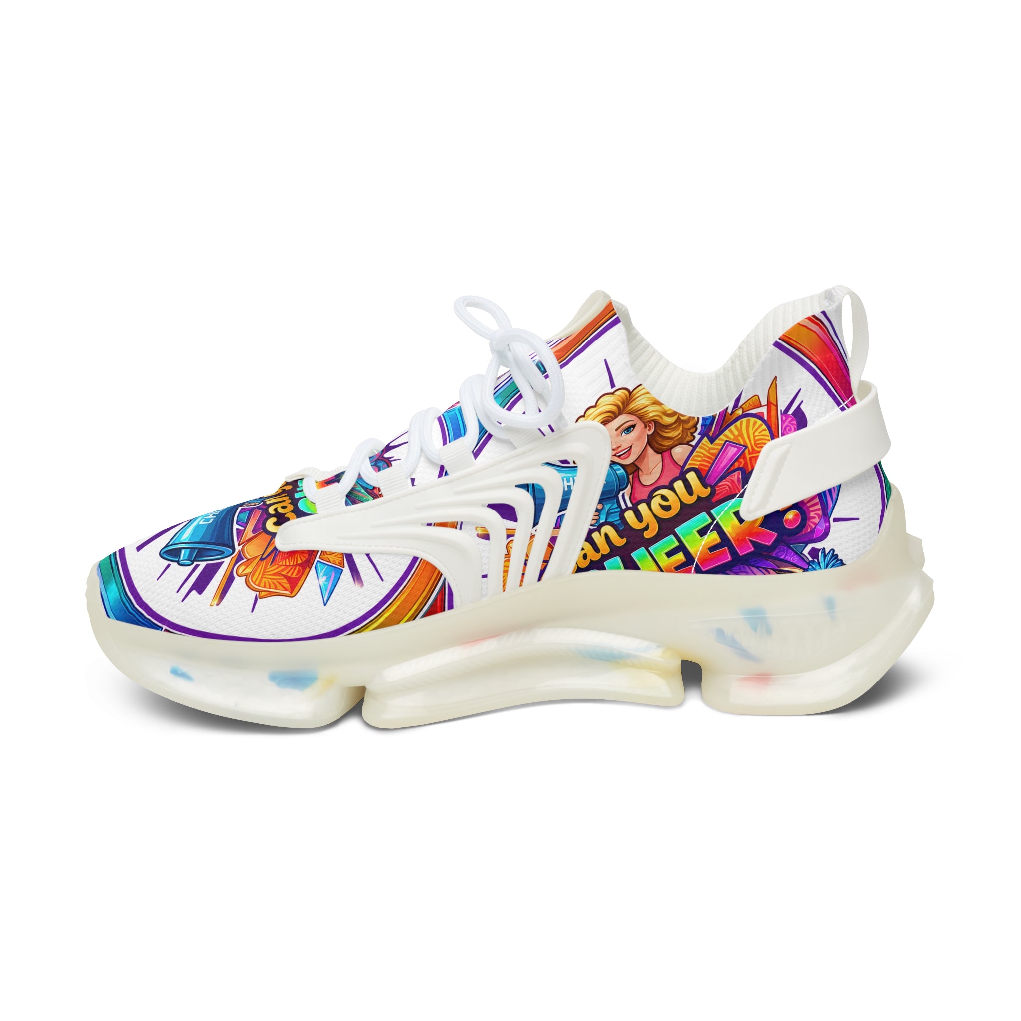 Colorful Cheerleader Mesh Sneakers — "Can You Cheer?" Graphic Women's Athletic Shoes