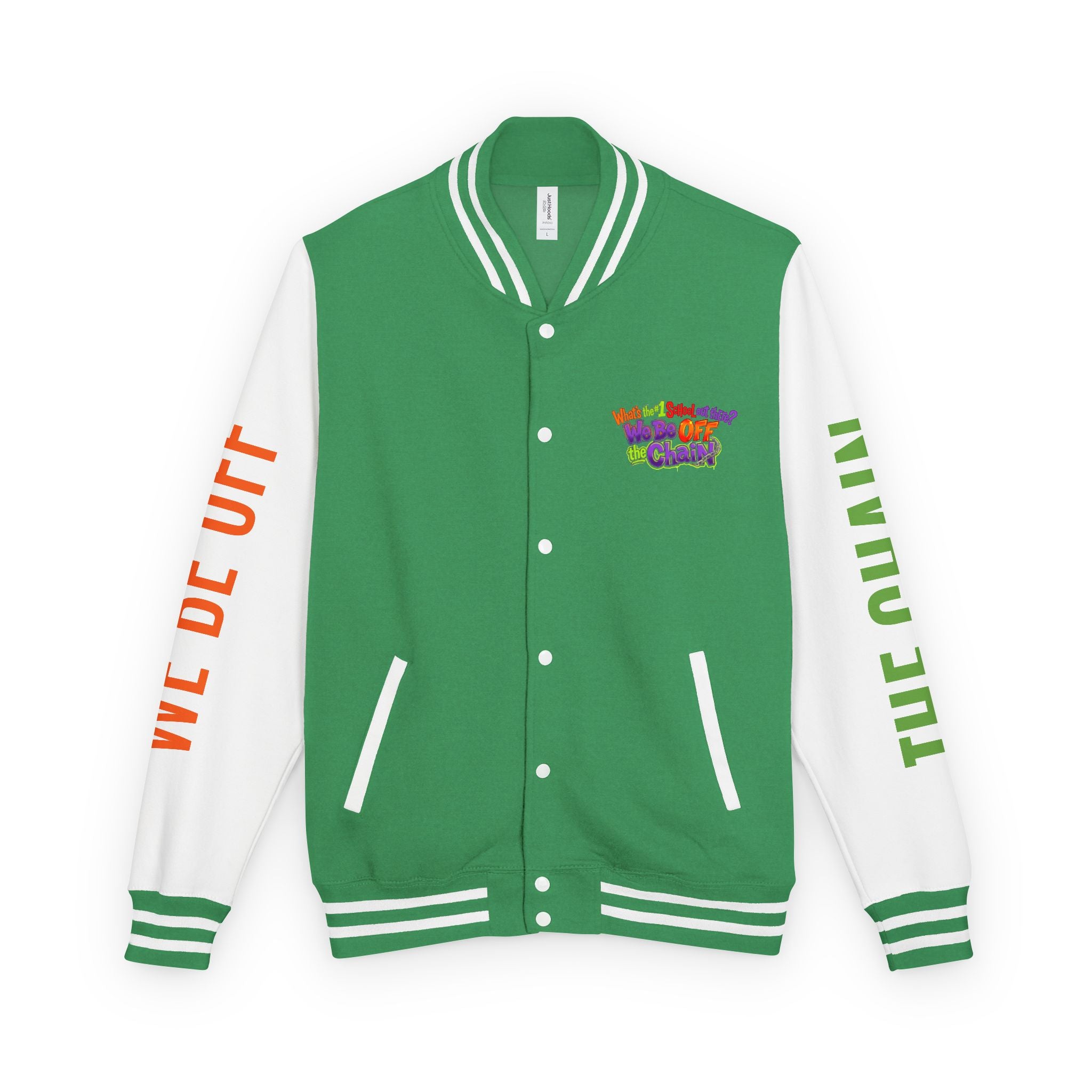 Retro Colorblock Letterman Jacket — 'We Be Off The Chain' Sleeve Print