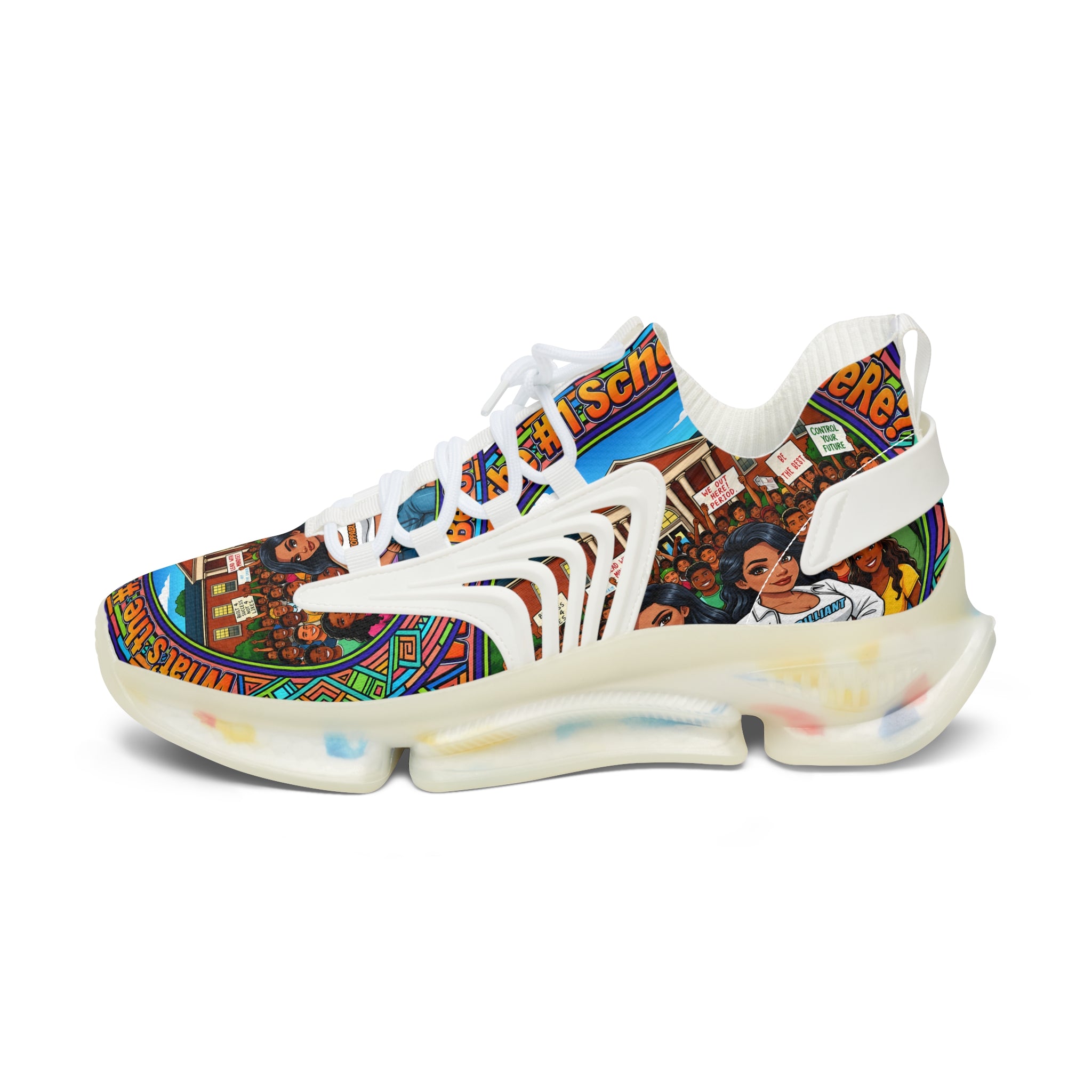 Mesh Sneakers — " What's The #1 School Out There " Colorful Retro School Girl Graphic Athletic Shoes
