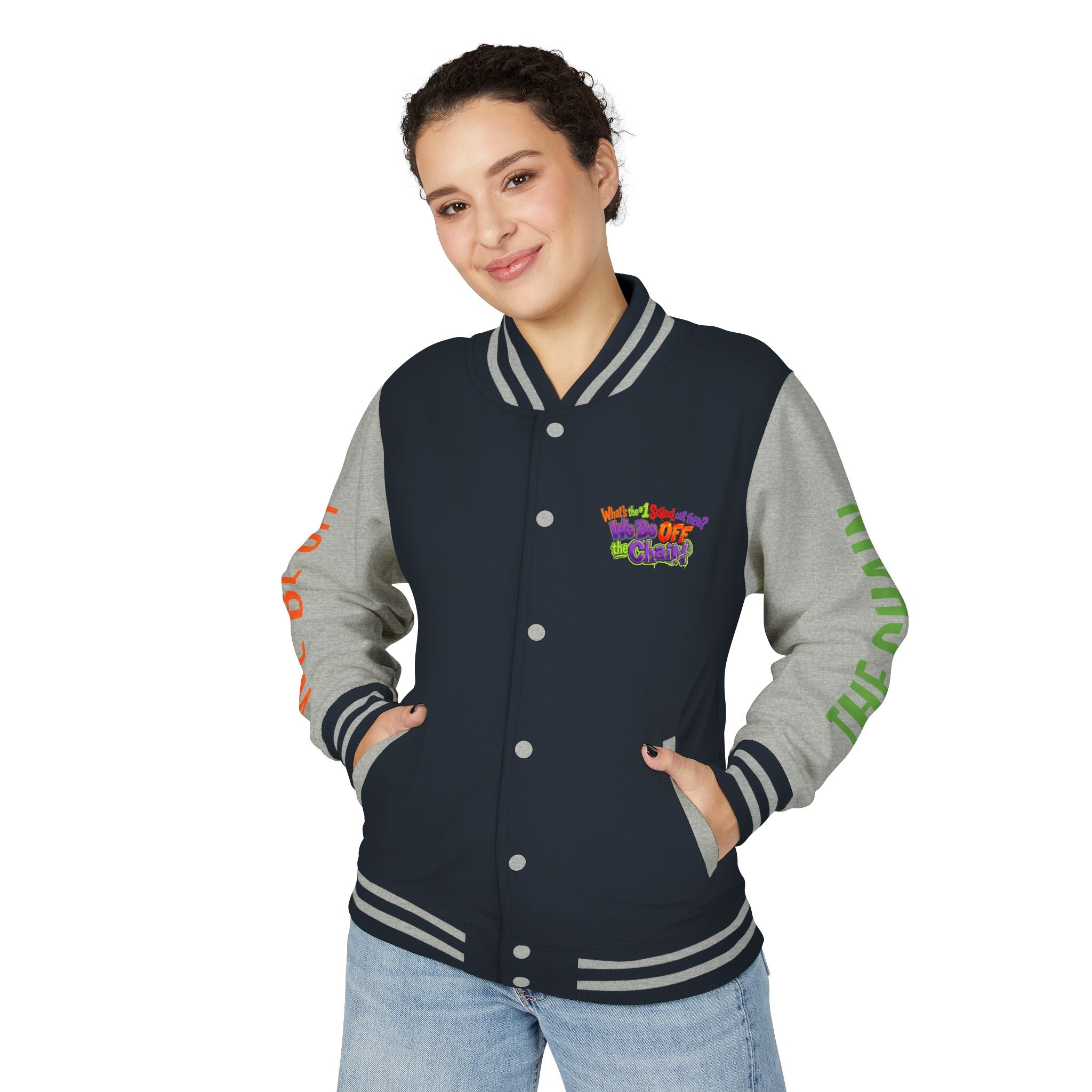 Retro Colorblock Letterman Jacket — 'We Be Off The Chain' Sleeve Print