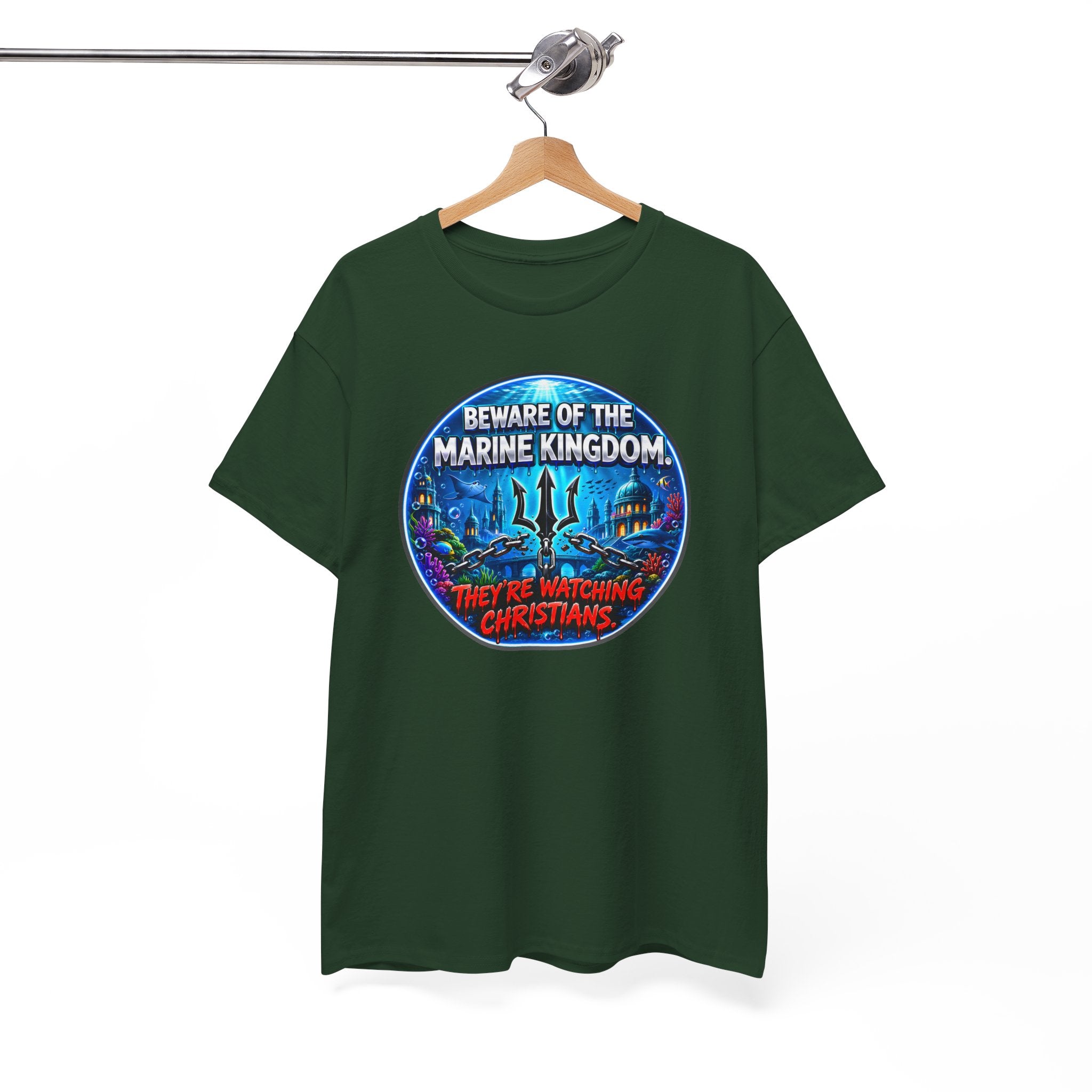 T‑Shirt — "Beware of the Marine Kingdom: They're Watching Christians" Vintage Ocean Graphic