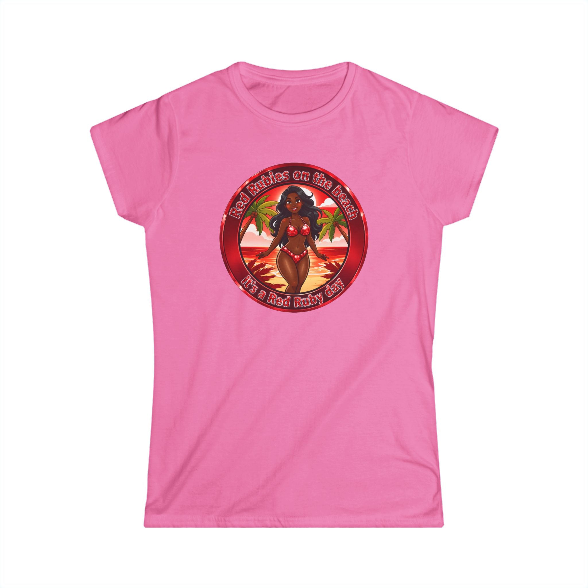 Tropical Pinup Tee — "Red Rubies On The Beach" Vintage Bikini Graphic