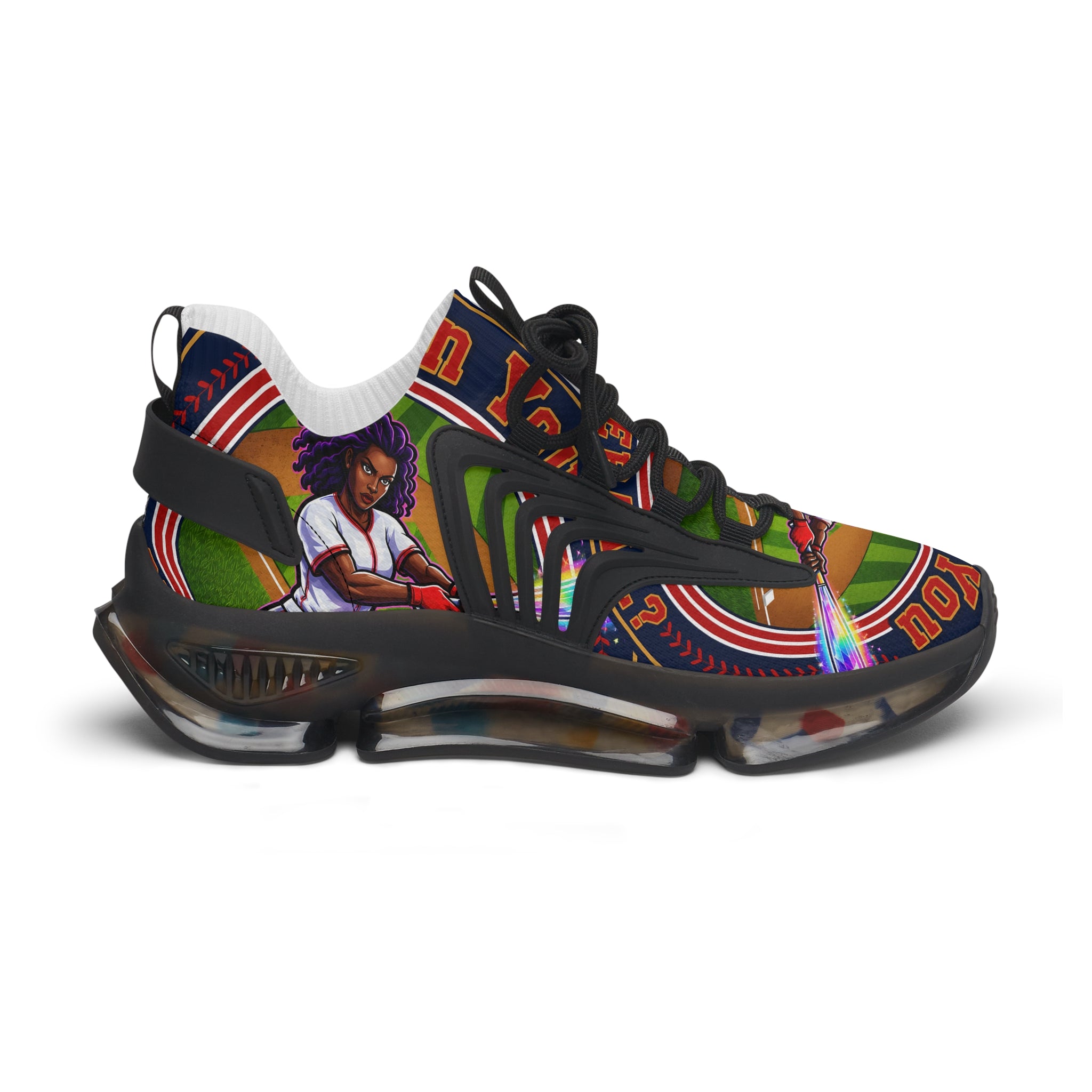 Women's Mesh Sneakers — " Can You Play Baseball "Vibrant Afrocentric Athletic Shoes with 'I Can You' Graphic