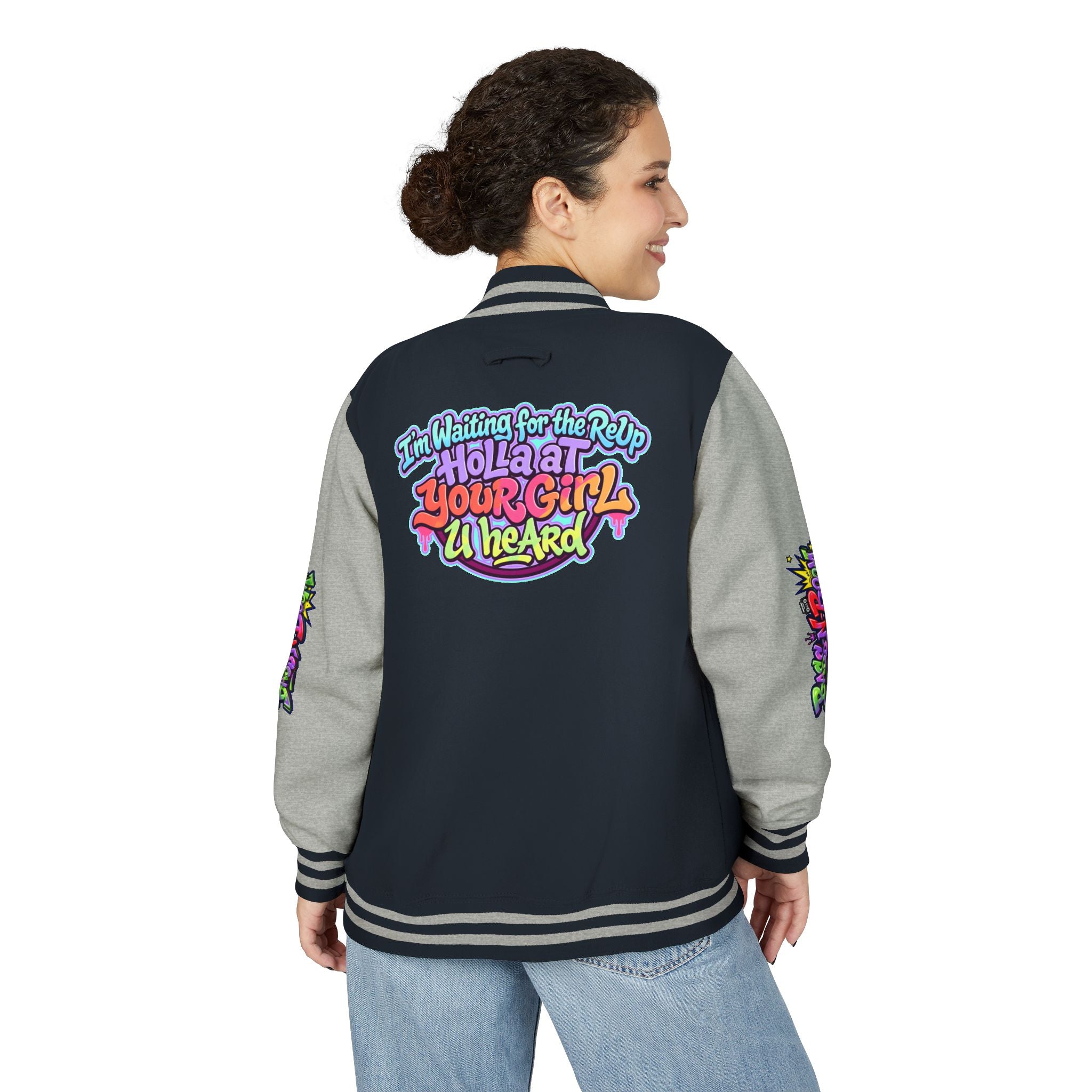 Letterman Jacket — "I'm Waiting For The Reup" Colorful Retro Hip‑Hop Varsity