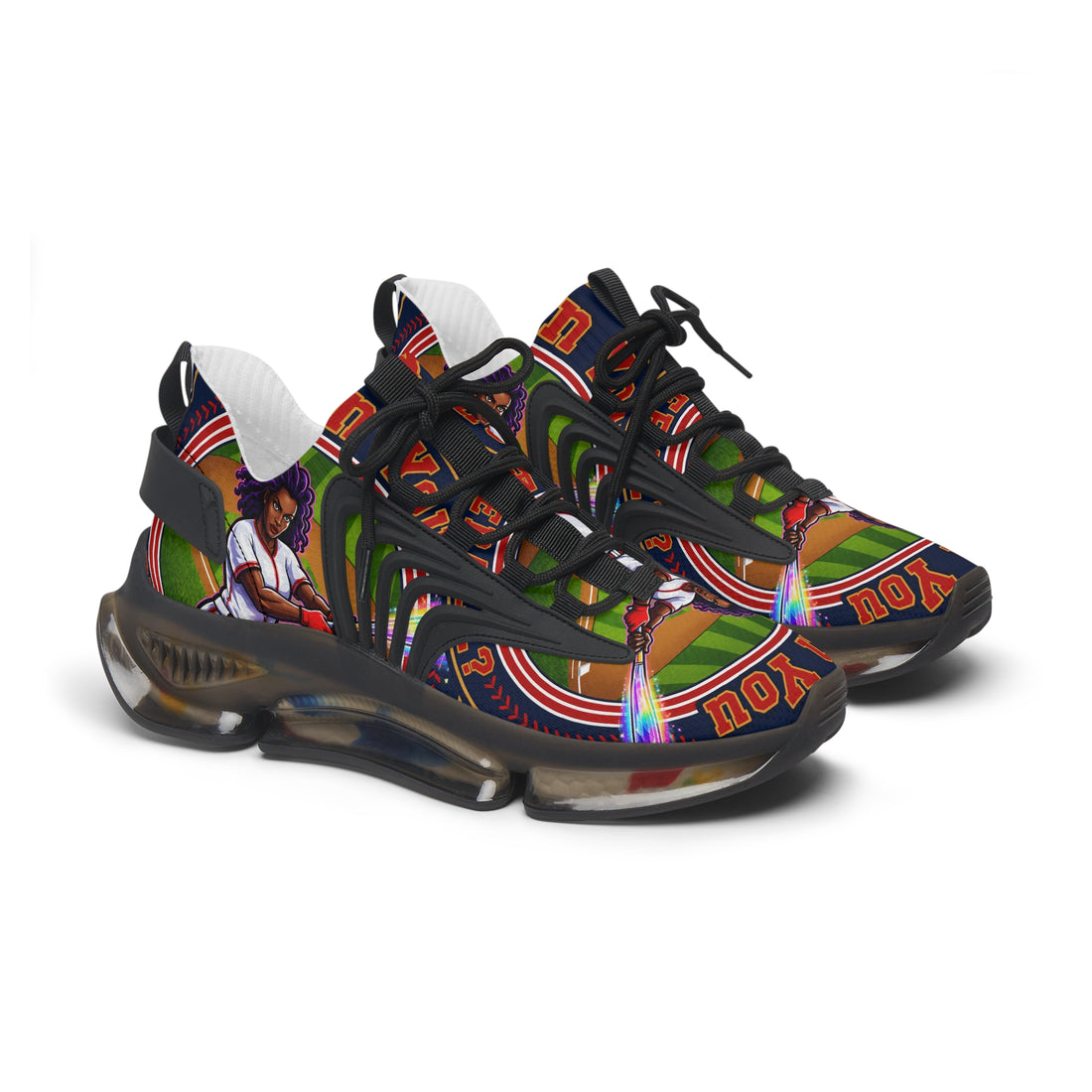 Women's Mesh Sneakers — " Can You Play Baseball "Vibrant Afrocentric Athletic Shoes with 'I Can You' Graphic