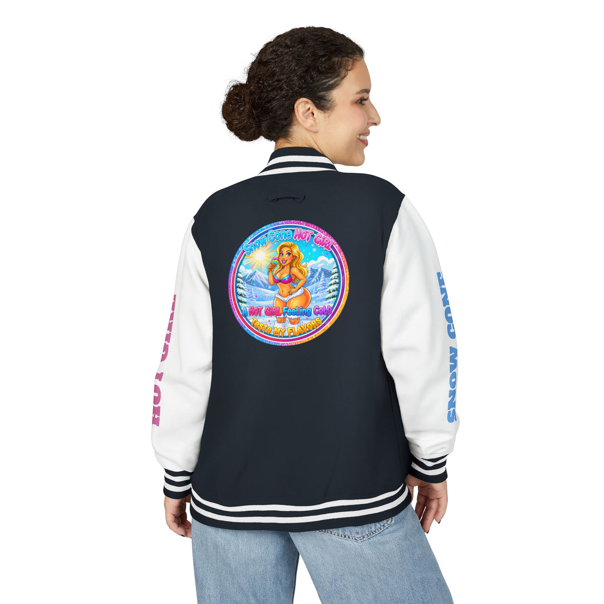 Angel Pinup Letterman Jacket — "Snowcone Hot Girl " Graphic Varsity Jacket