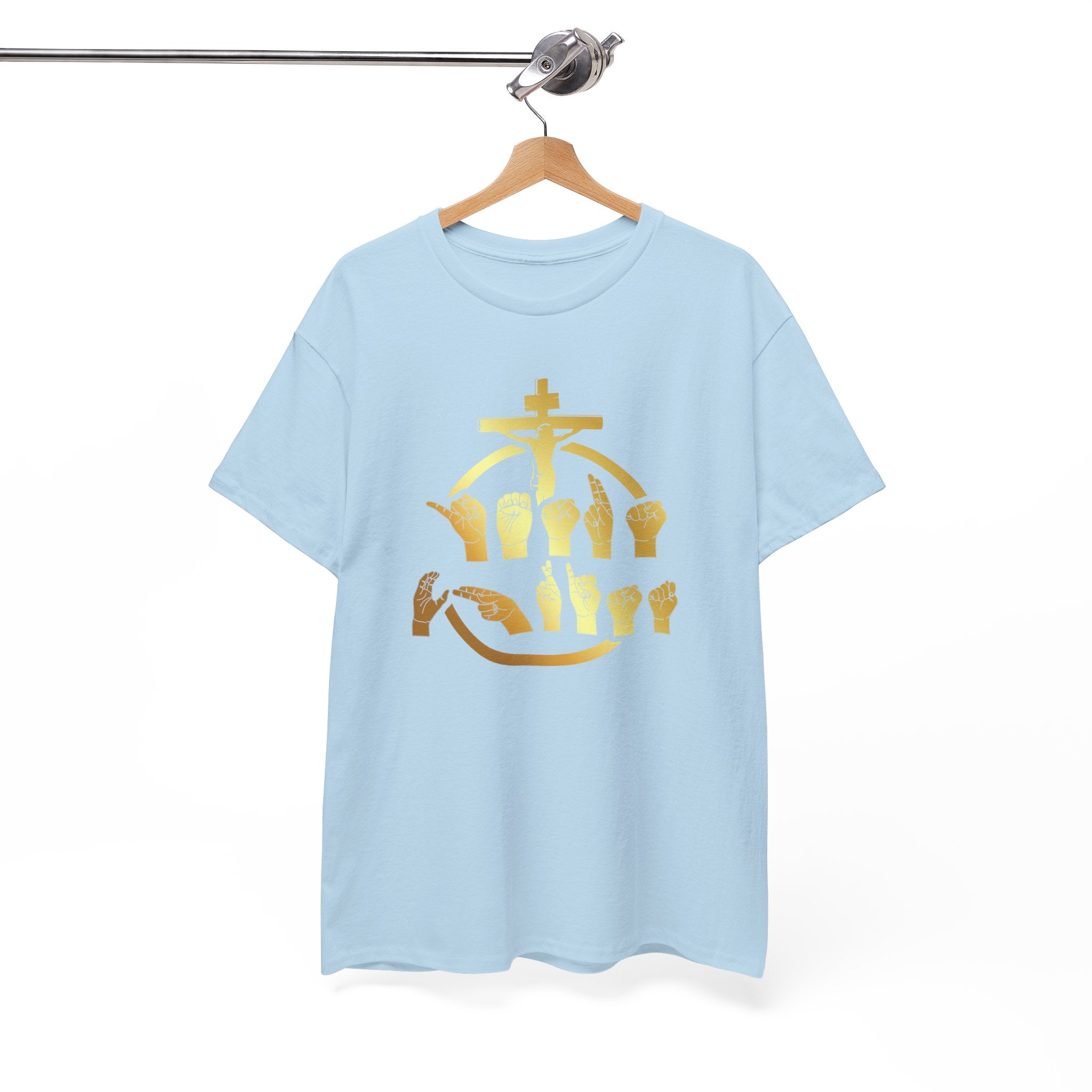 Christian Cross & Praying Hands T-Shirt — Gold Faith Design