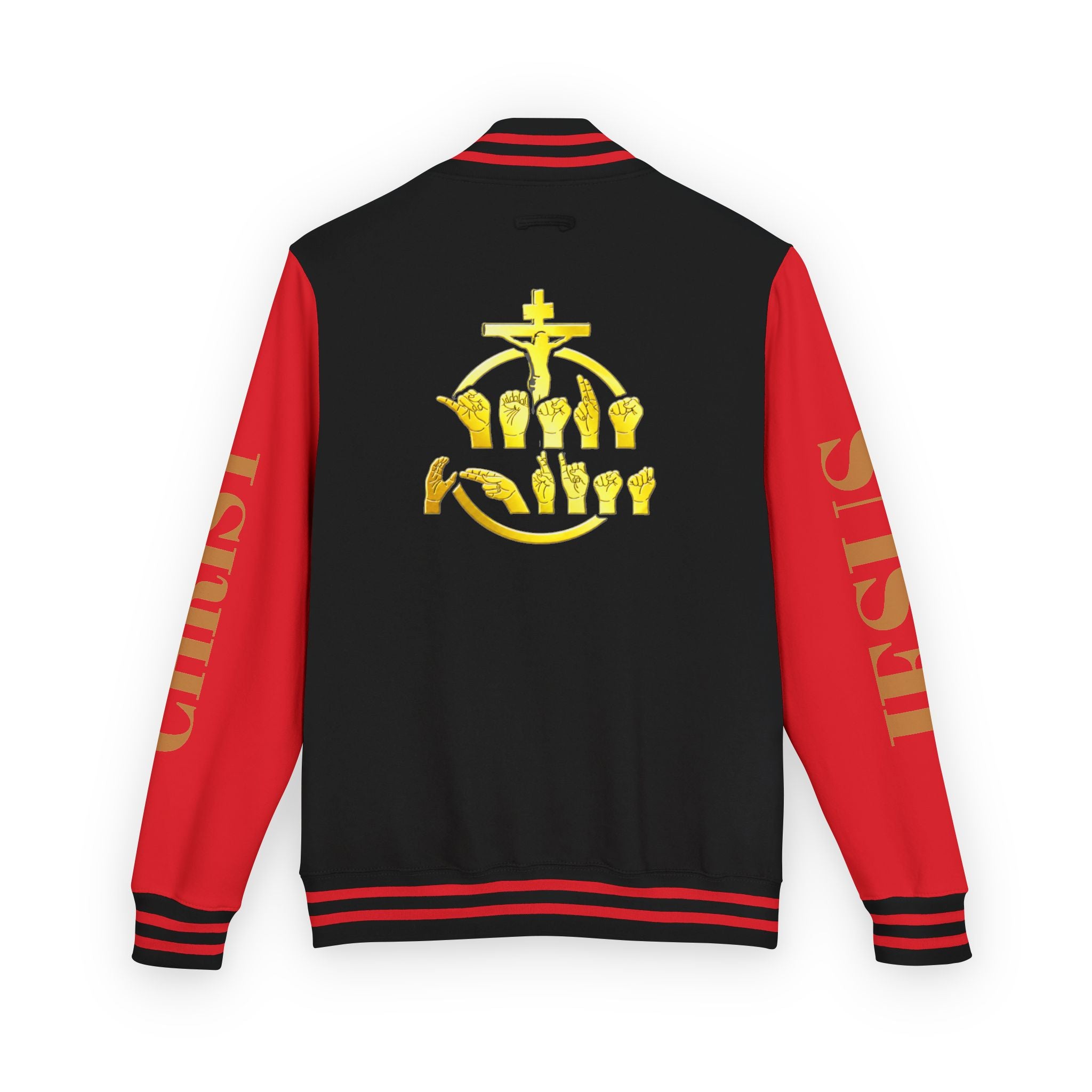 "Sign language Jesus Christ "     Christian Crown Letterman Jacket - 'Jesus Christ' Sleeve Varsity Jacket