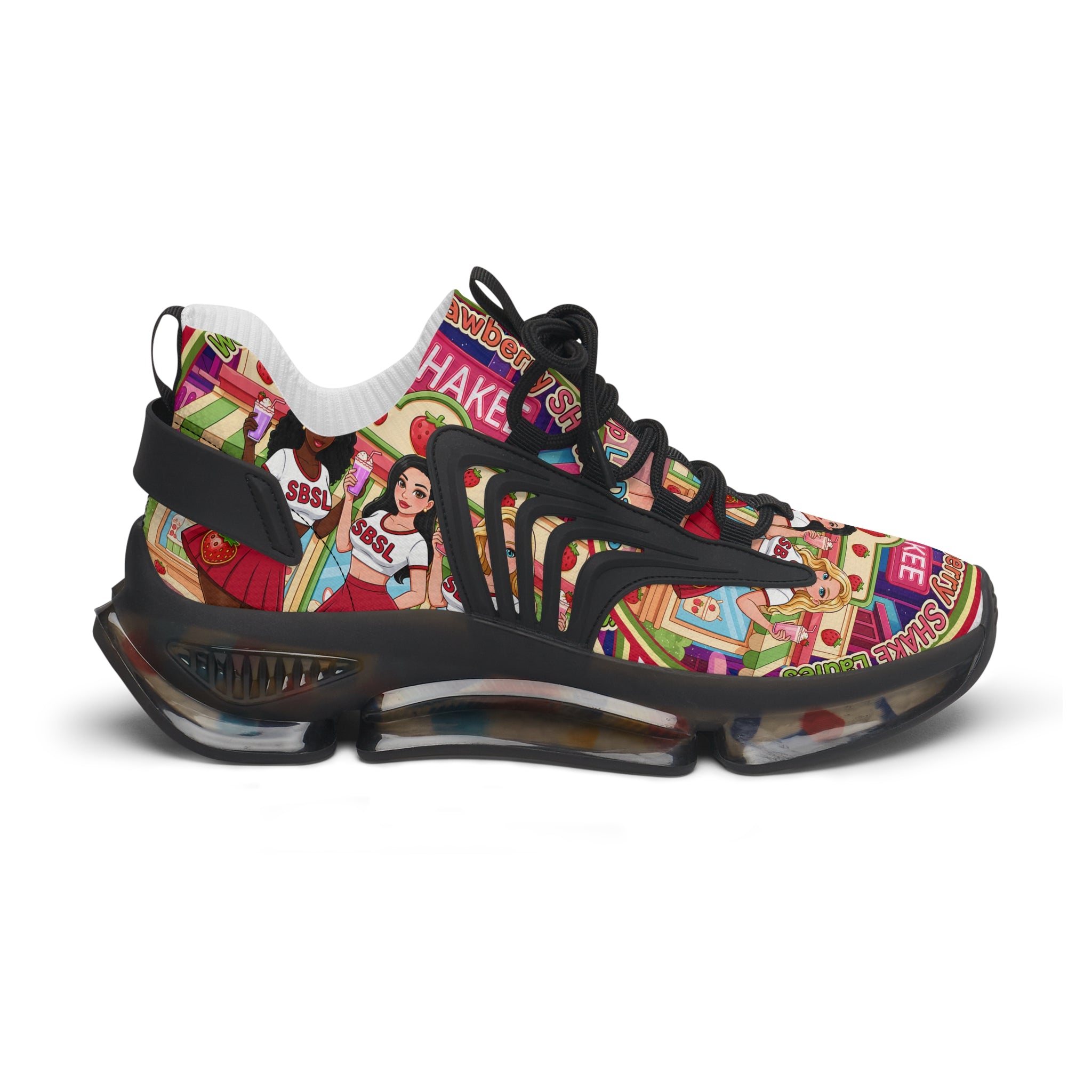 Women's Mesh Sneakers  "Strawberry Shake "— Colorful Retro Doll Print Athletic Shoes