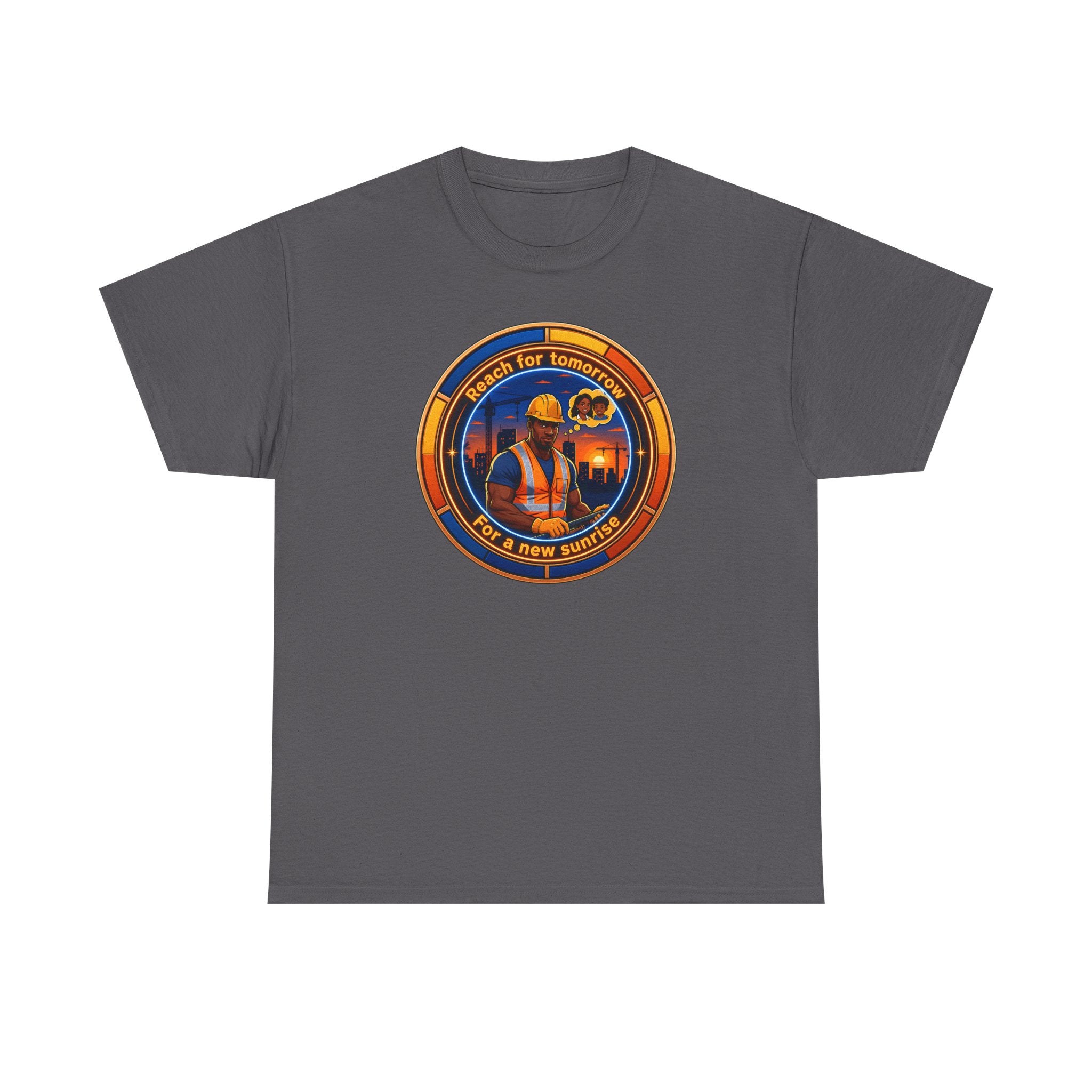 Construction Worker Sunset Tee — “Reach for Tomorrow ” Safety Crew T-Shirt