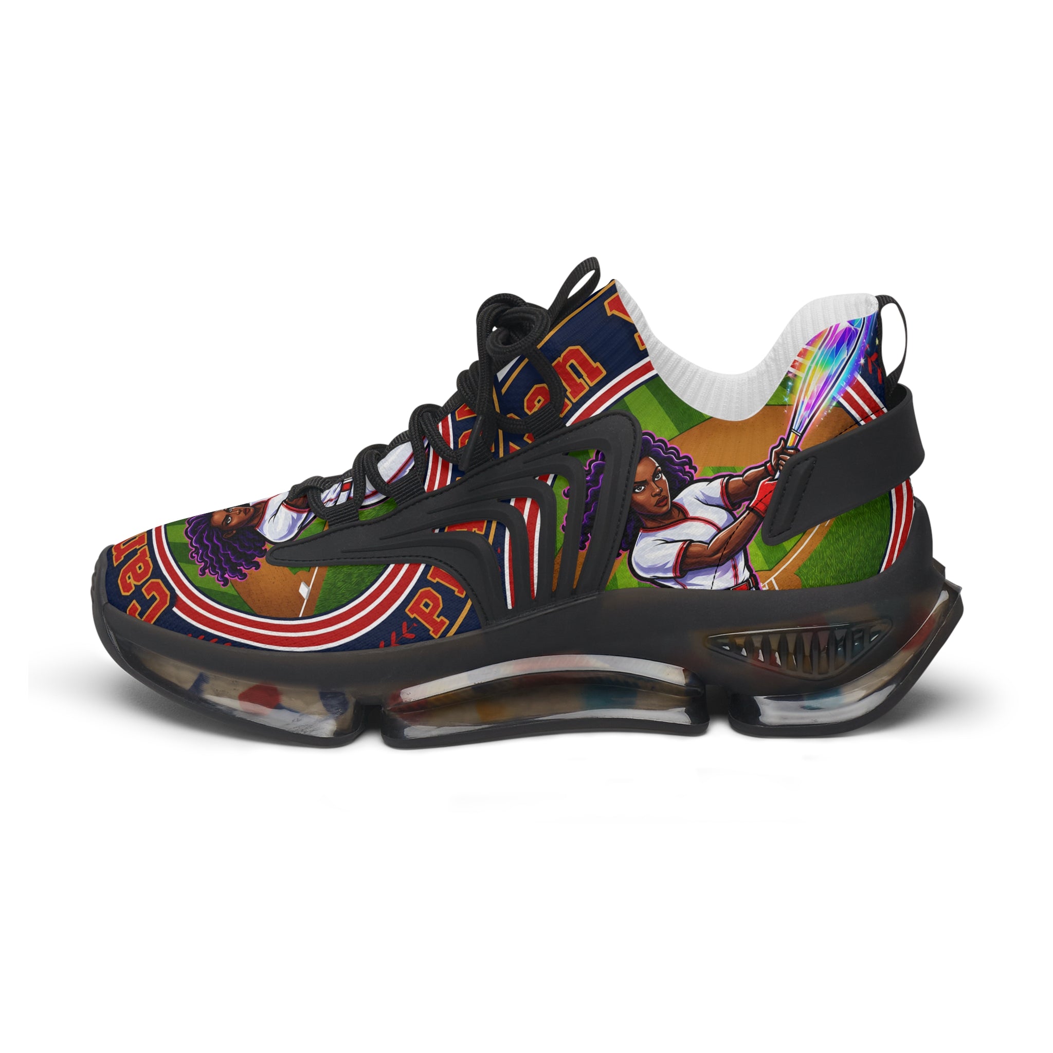 Women's Mesh Sneakers — " Can You Play Baseball "Vibrant Afrocentric Athletic Shoes with 'I Can You' Graphic