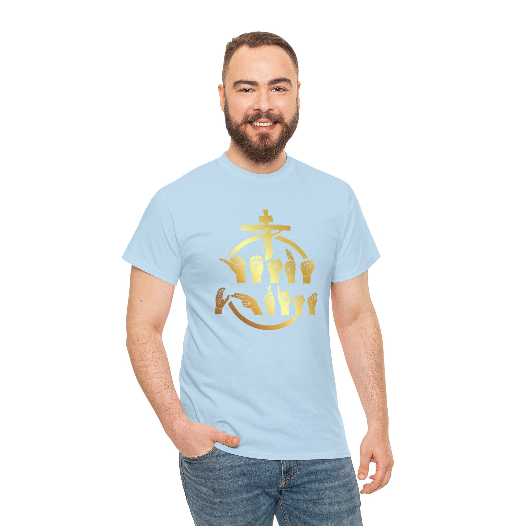 Christian Cross & Praying Hands T-Shirt — Gold Faith Design
