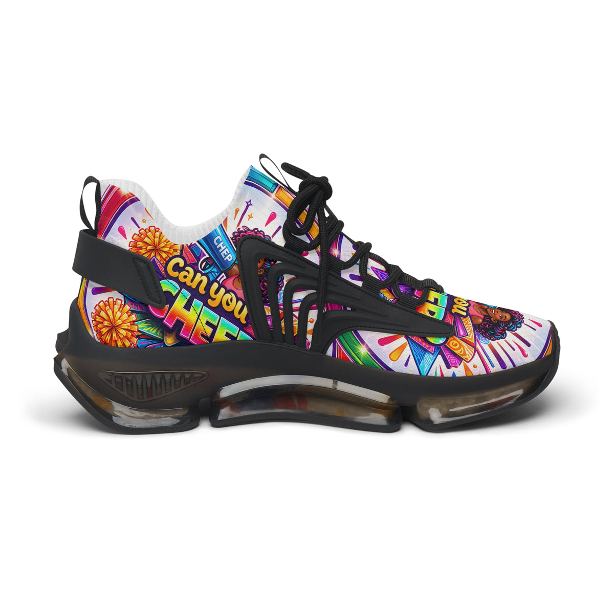 Women's Cheerleader Graphic Mesh Sneakers — "Can You Cheer?" Colorful Athletic Shoes