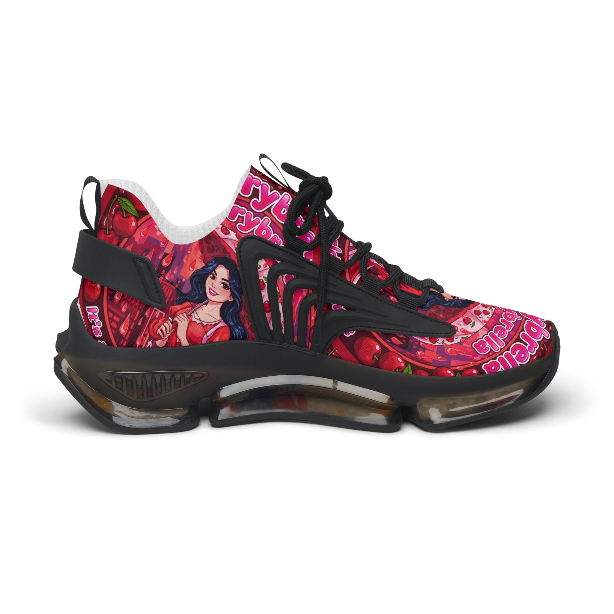Women's Pink Retro Graphic Mesh Sneakers — 'CherryBella" Pattern
