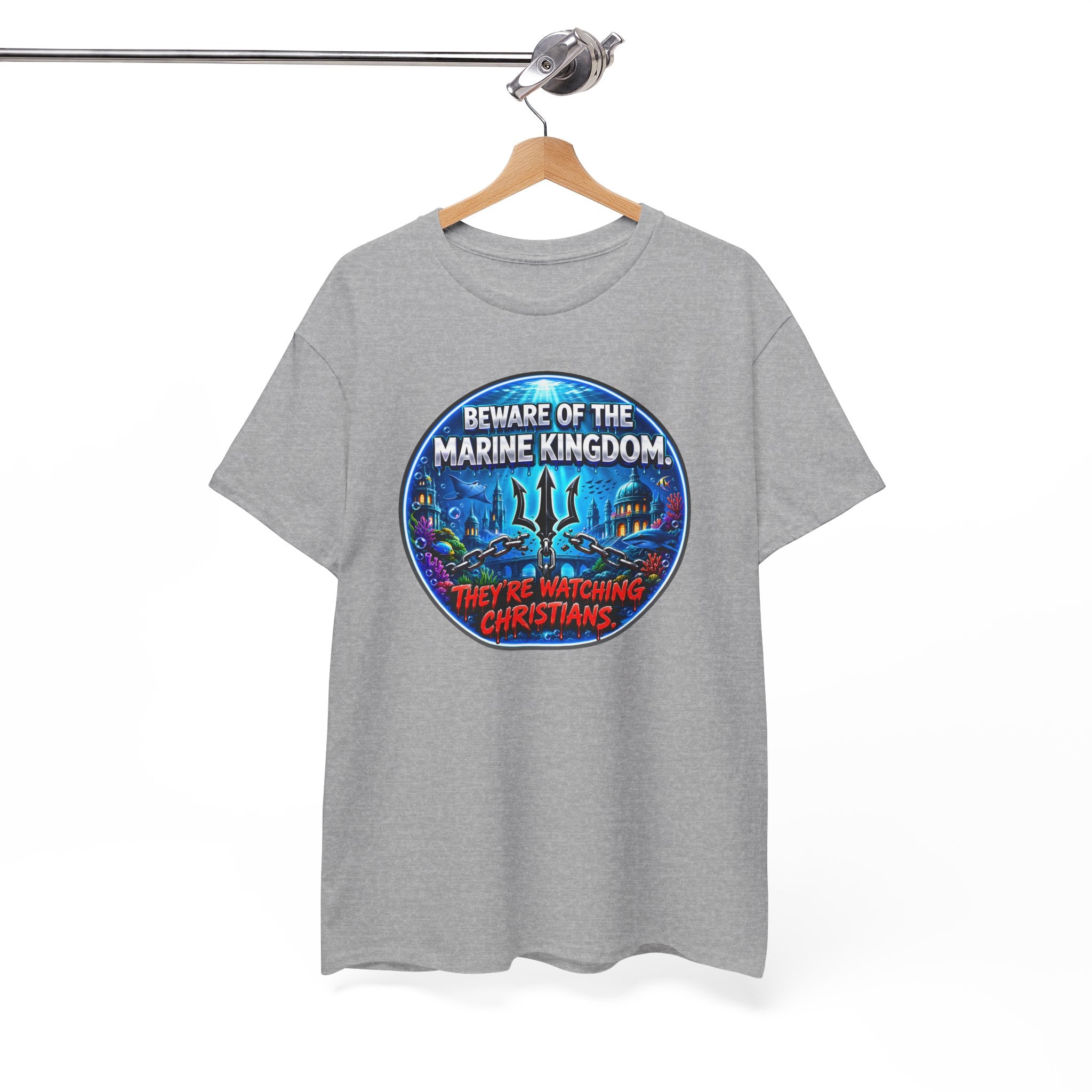 T‑Shirt — "Beware of the Marine Kingdom: They're Watching Christians" Vintage Ocean Graphic