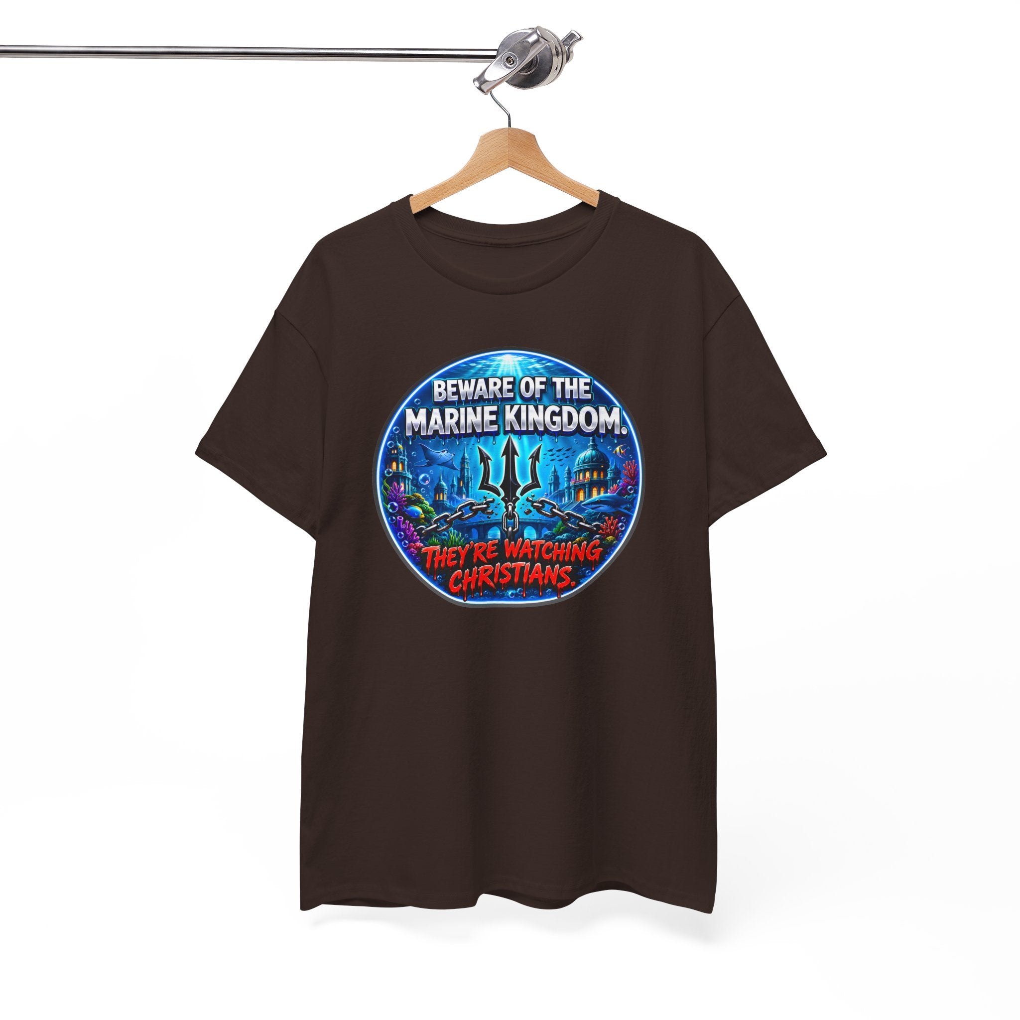 T‑Shirt — "Beware of the Marine Kingdom: They're Watching Christians" Vintage Ocean Graphic