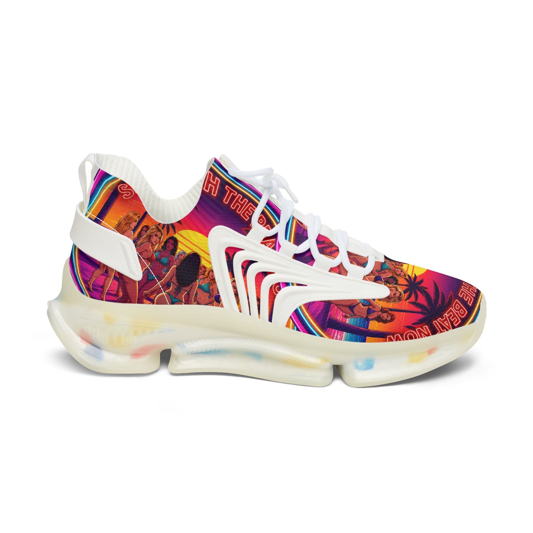 Women's Mesh Sneakers —"Slide With The Beat Now "Vibrant Retro Sunset Graphic Trainers