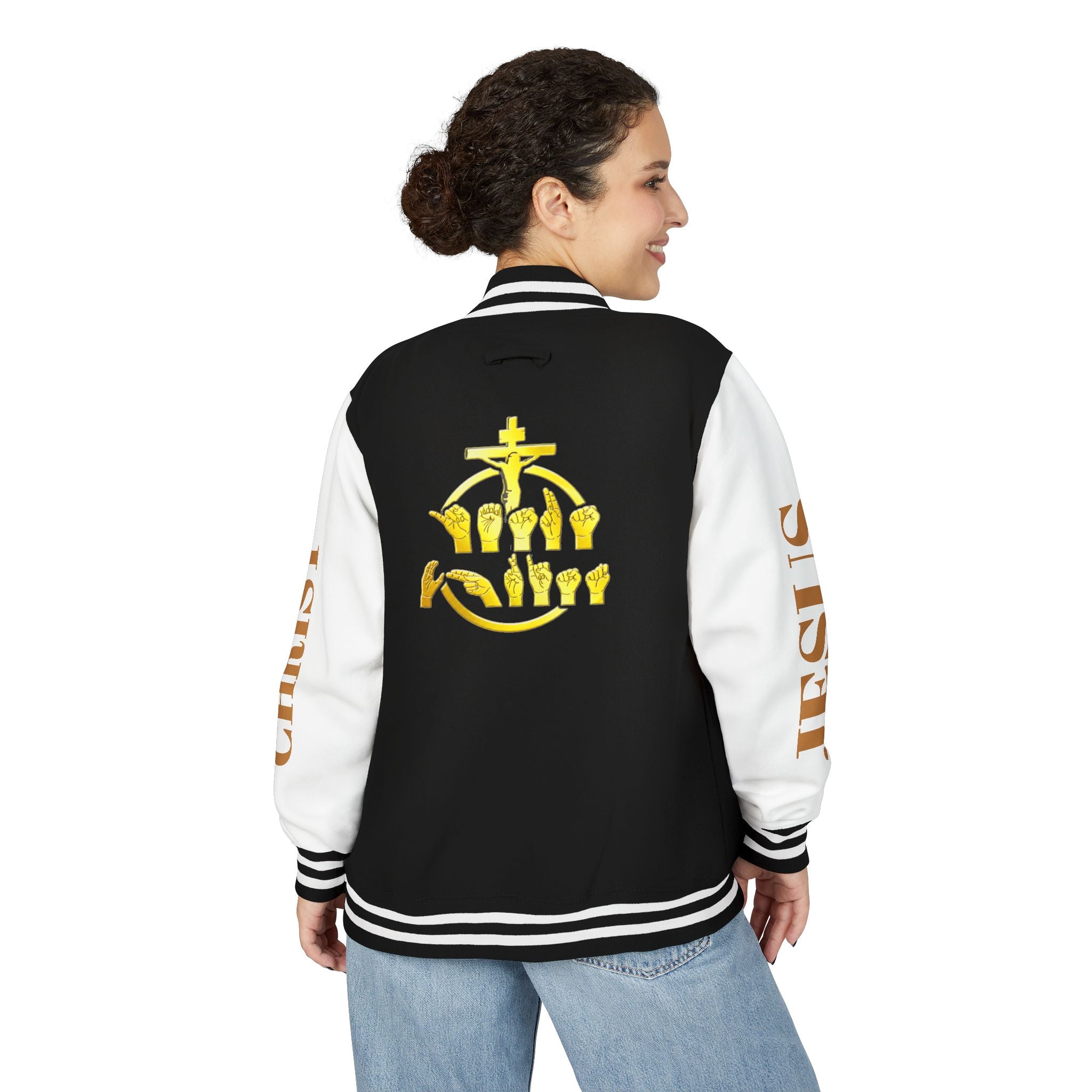 "Sign language Jesus Christ "     Christian Crown Letterman Jacket - 'Jesus Christ' Sleeve Varsity Jacket