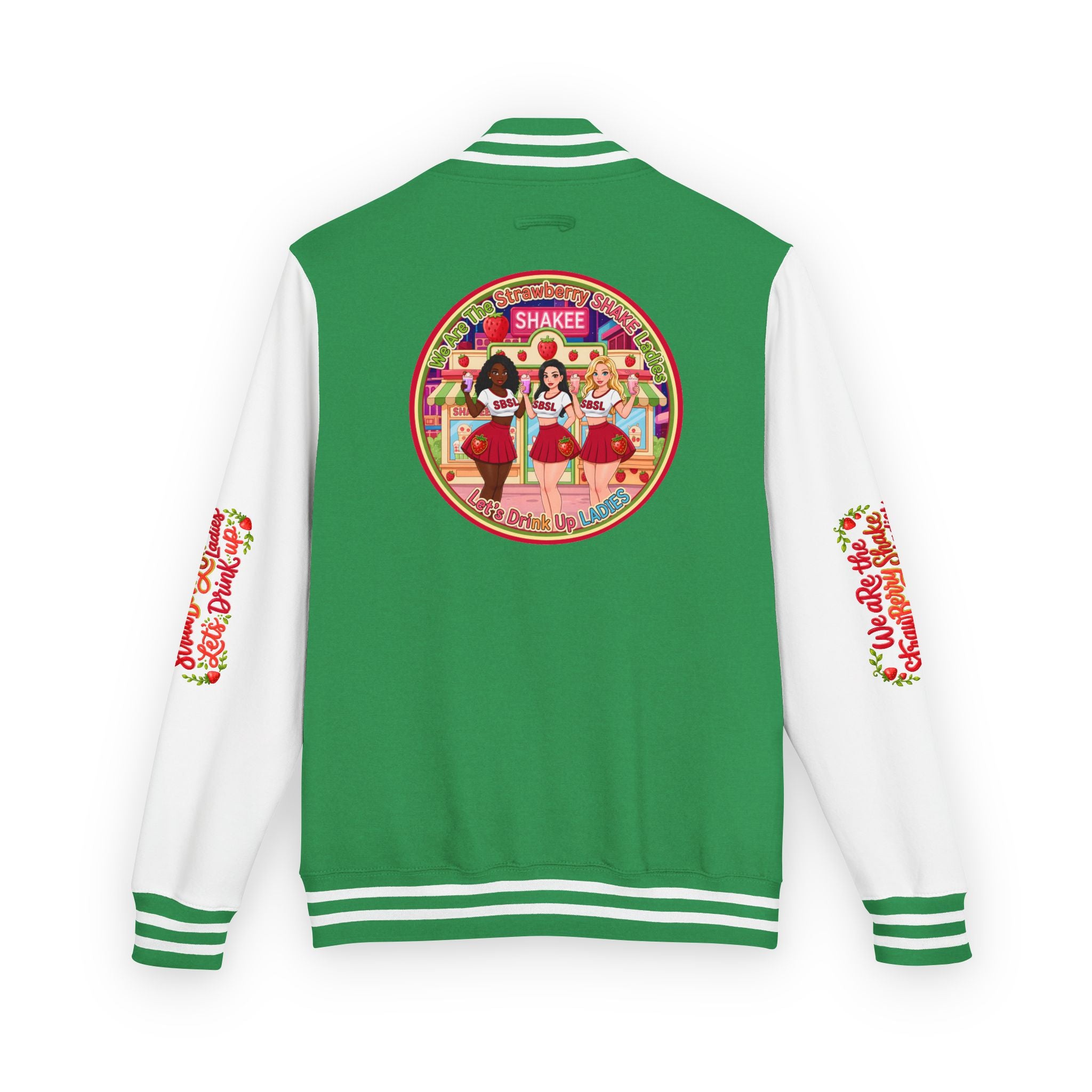 Letterman Jacket — " We Are The Strawberry Shake Ladies " Retro 'Shakee' Strawberry Girls Varsity Jacket
