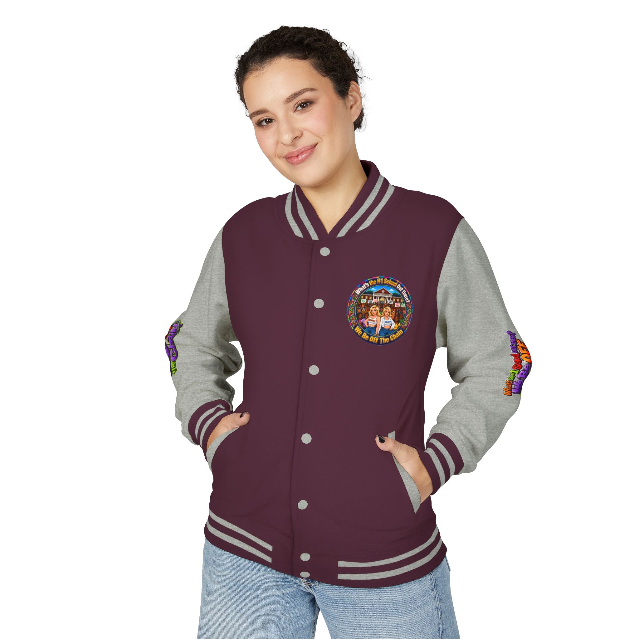Letterman Jacket — Colorful School Spirit "We Be Off The Chain" Varsity Jacket