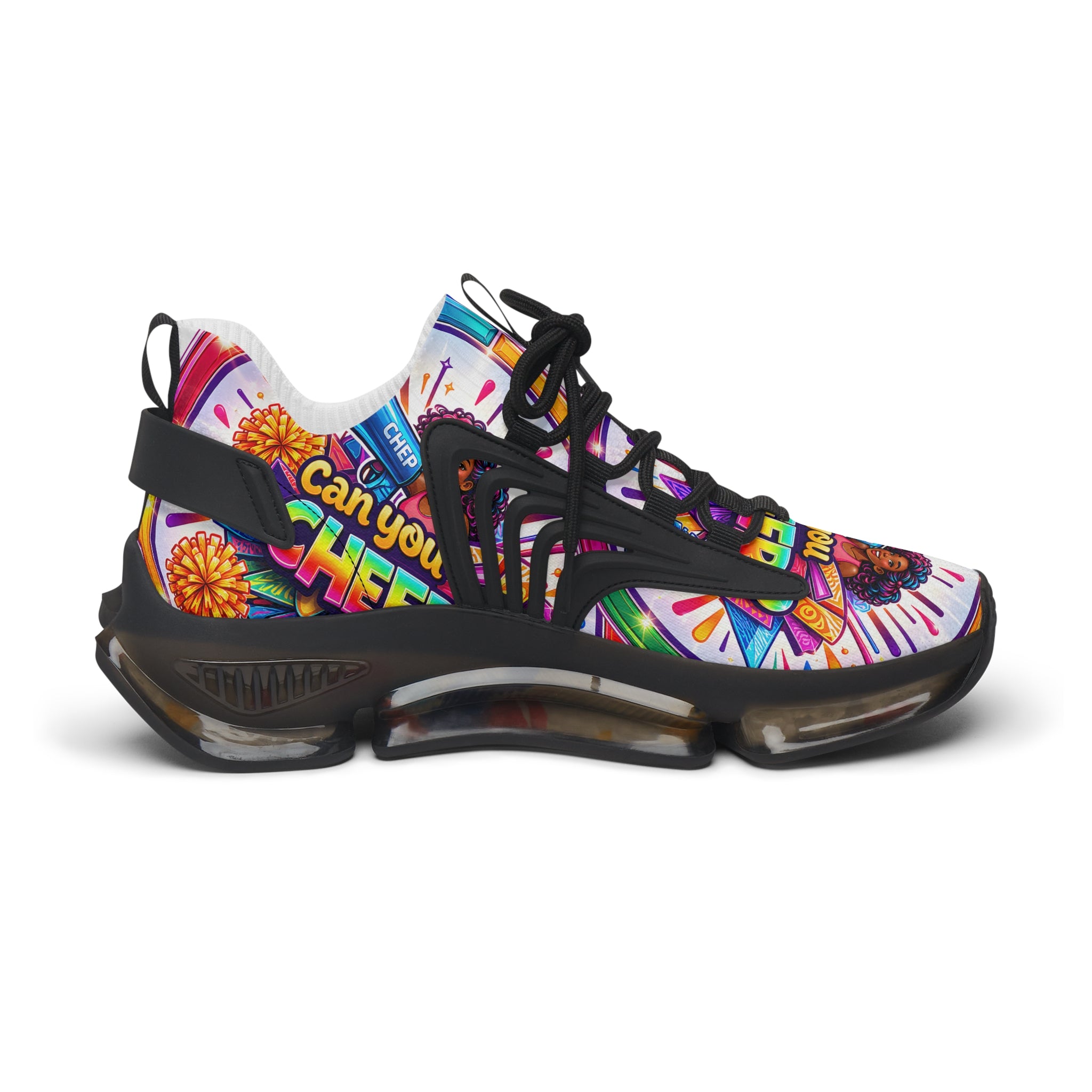 Women's Cheerleader Graphic Mesh Sneakers — "Can You Cheer?" Colorful Athletic Shoes