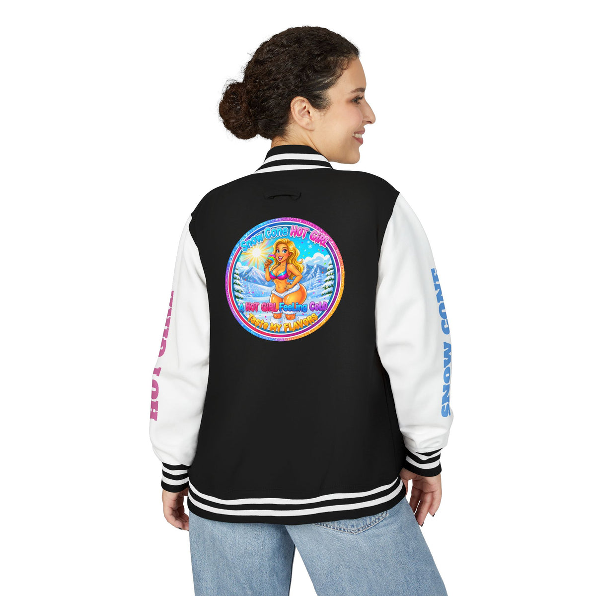 Angel Pinup Letterman Jacket — "Snowcone Hot Girl " Graphic Varsity Jacket
