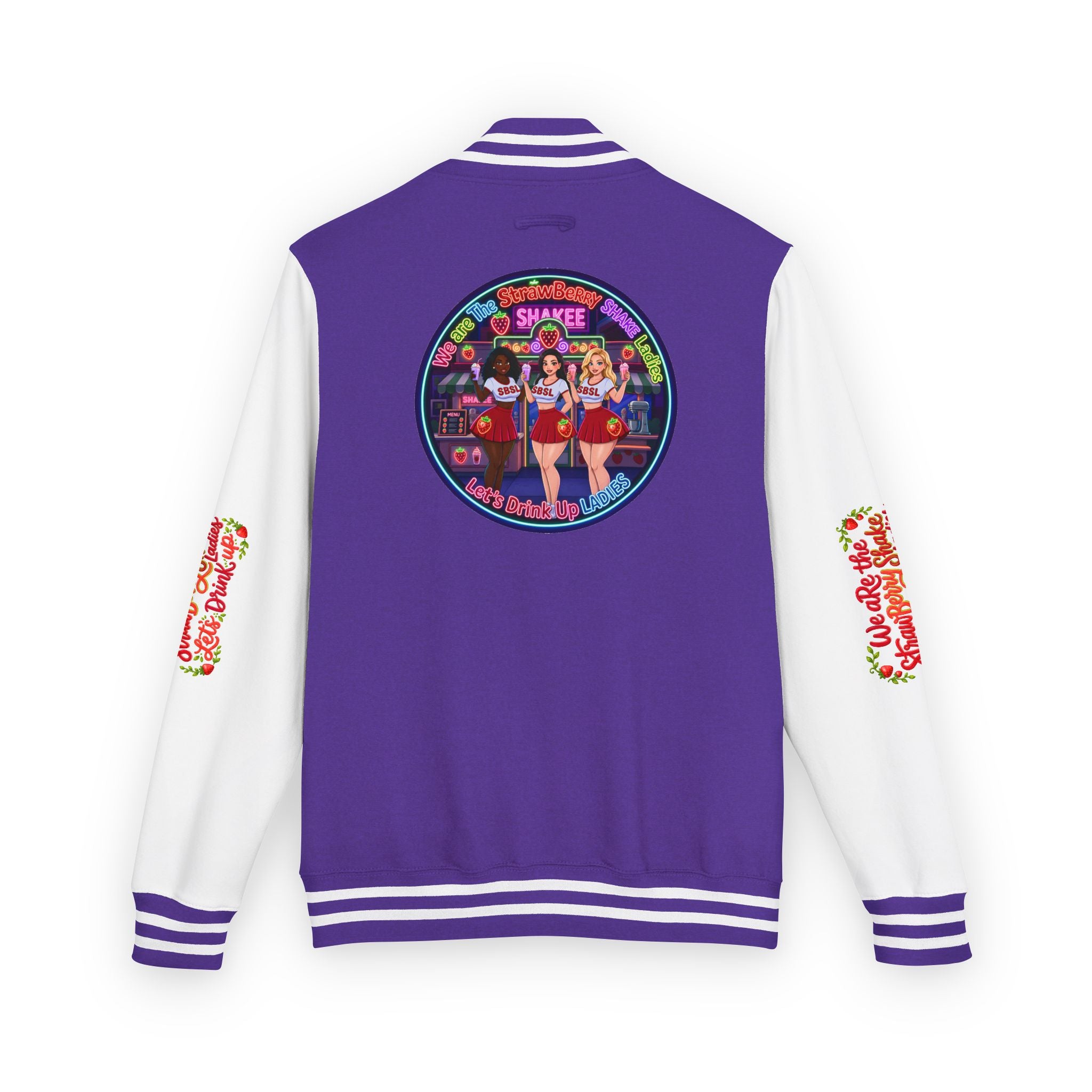 Letterman Jacket —" We Are The Strawberry Shake Ladies " Retro Shakee Cheer Graphic