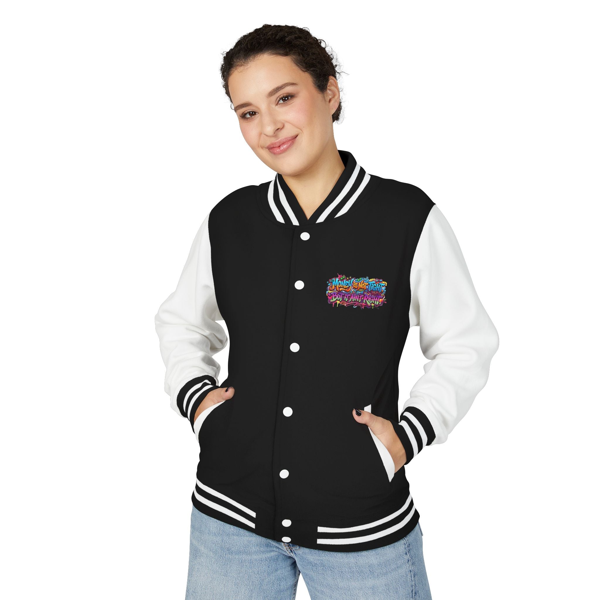 Letterman Jacket — Graffiti "Money's Not Tight, But I Ain't Rich" Retro Streetwear