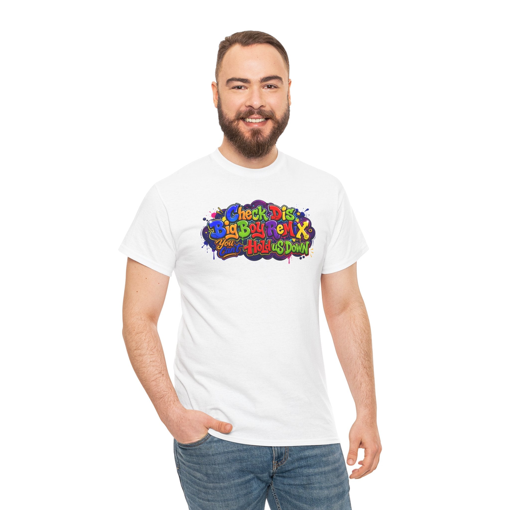 Graphic Tee — Colorful 'Check Dis Big Boy Remix' Retro Street Art T-Shirt