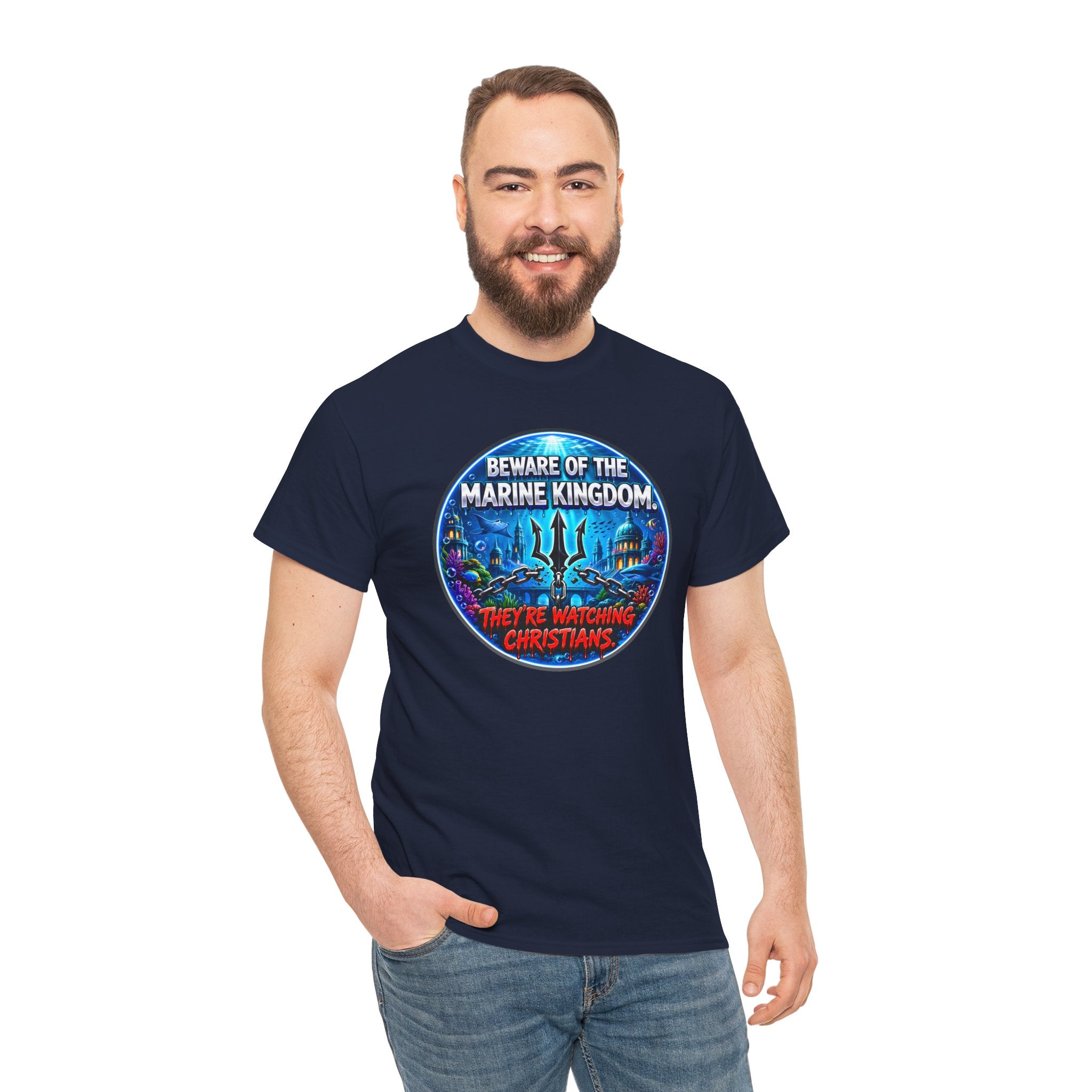 T‑Shirt — "Beware of the Marine Kingdom: They're Watching Christians" Vintage Ocean Graphic