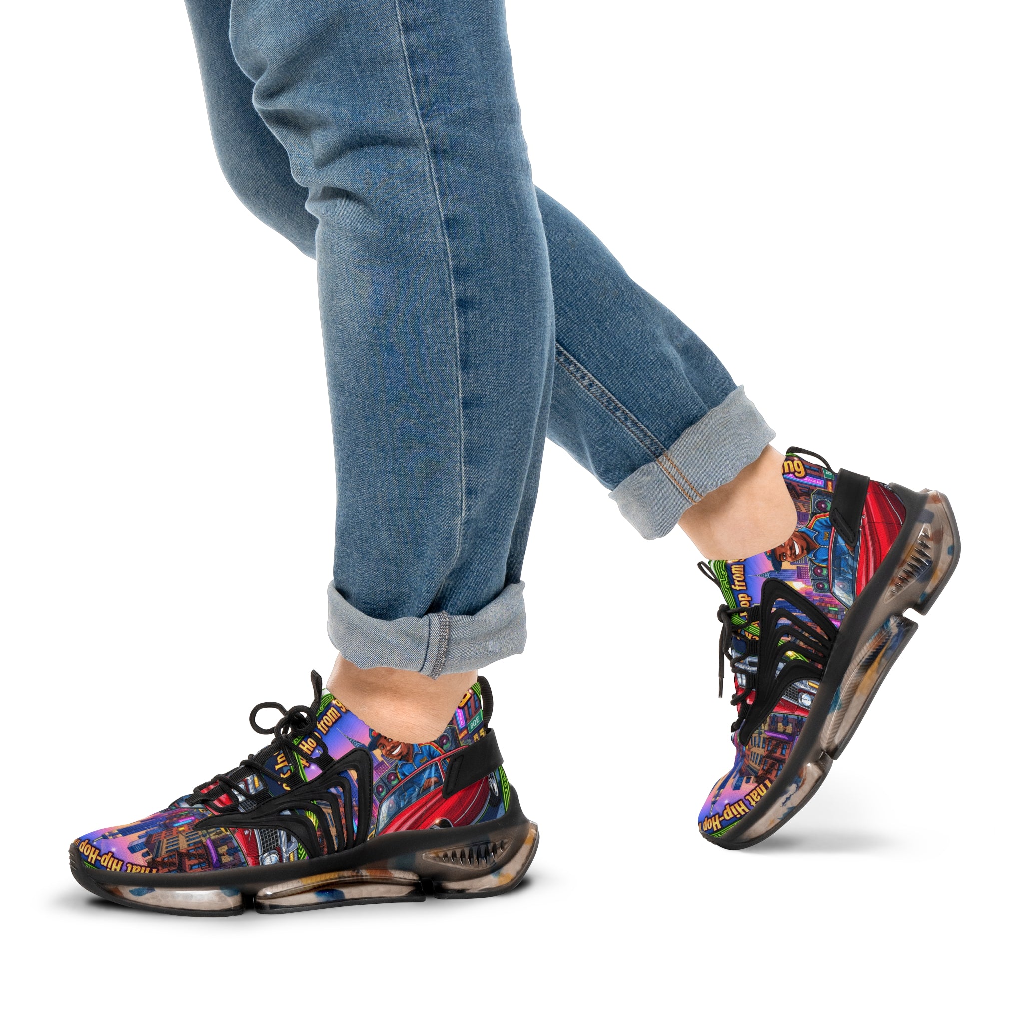 Custom Graphic Mesh Sneakers — "That Hip-hop From 92 Be Bumping" Colorful Cityscape Portrait Design