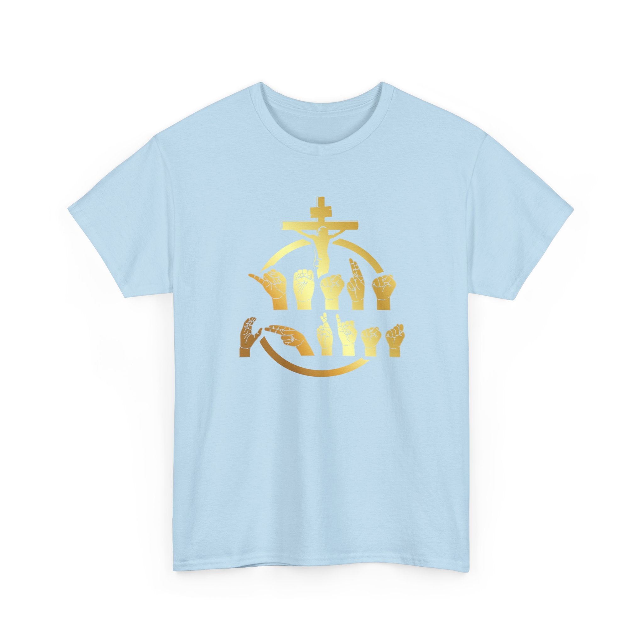Christian Cross & Praying Hands T-Shirt — Gold Faith Design