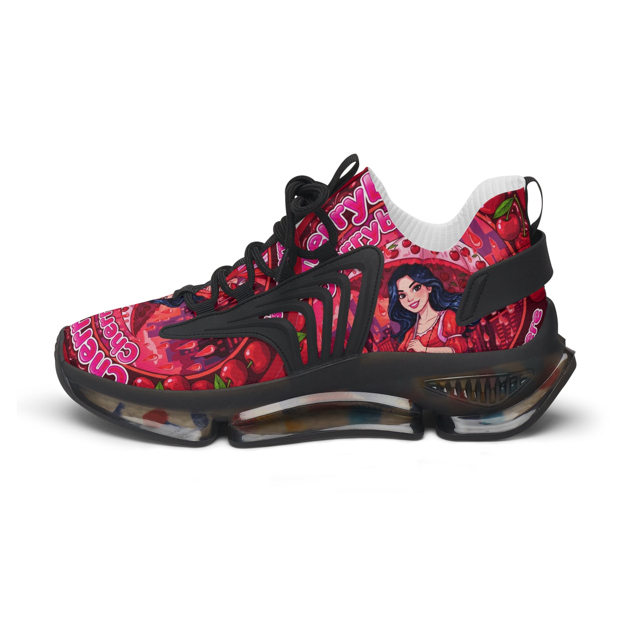 Women's Pink Retro Graphic Mesh Sneakers — 'CherryBella" Pattern